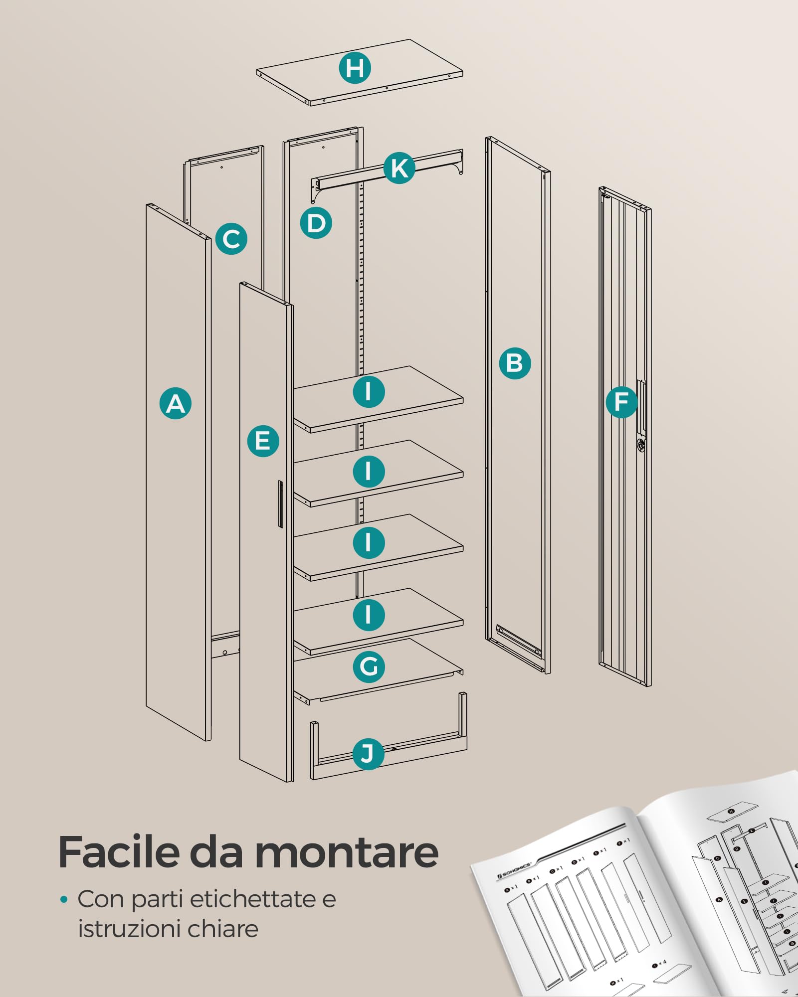 Songmics OMC014G01 armadio metallo 5 ripiani grigio 60x40x180