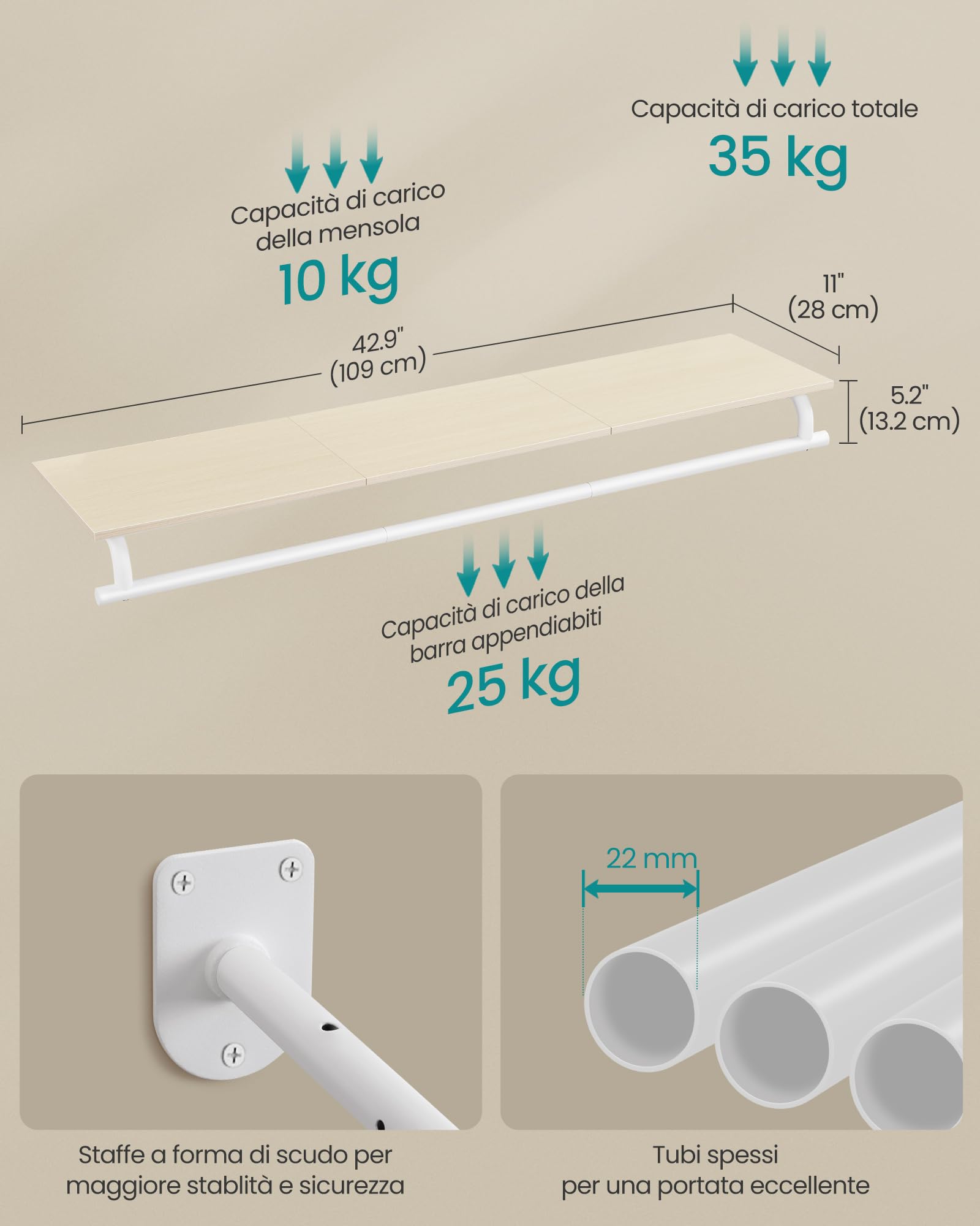 Songmics HSR135W01 Appendiabiti Parete 109cm Beige Acciaio