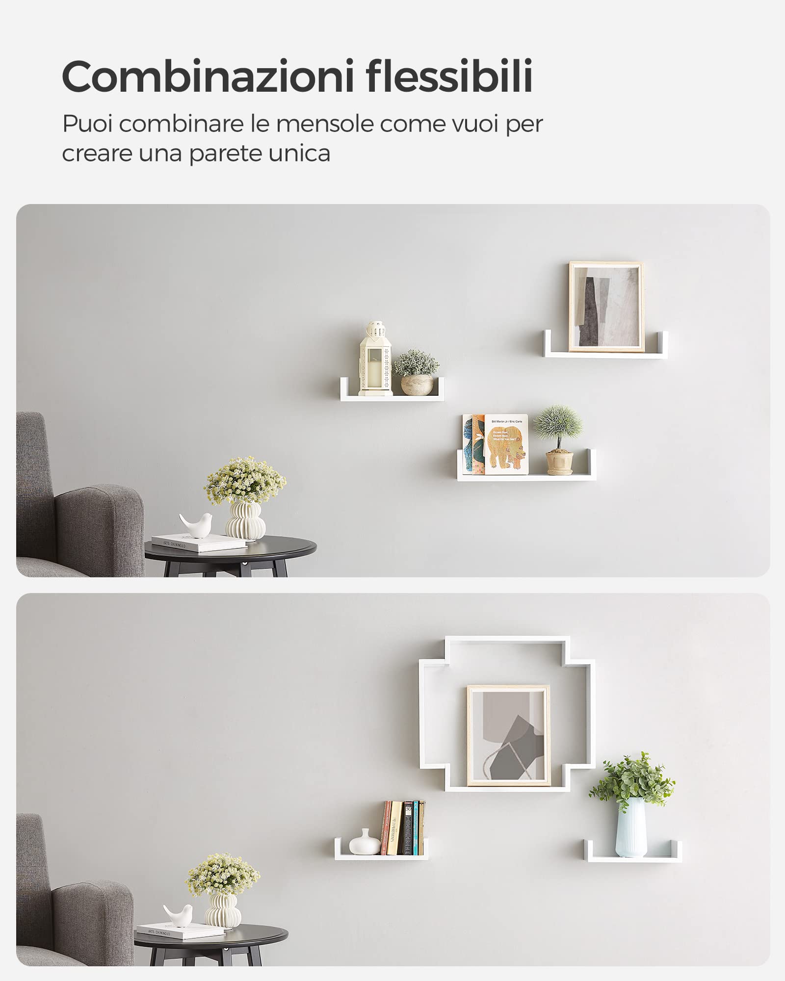 Songmics LWS40WT mensole muro bianco lucido set 3 pezzi
