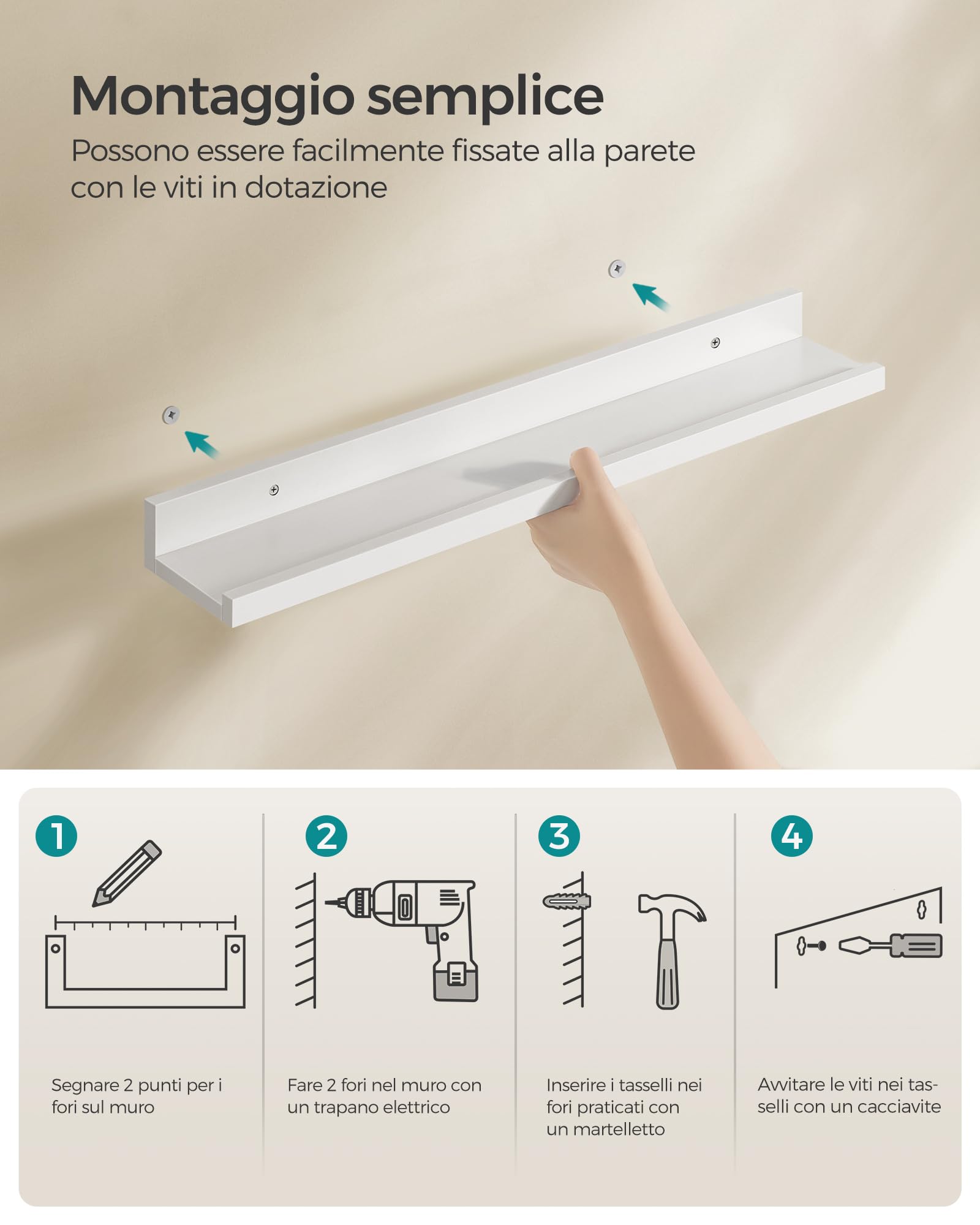 Songmics Custos LWS38WTV2 set 3 mensole muro bianche 38 cm