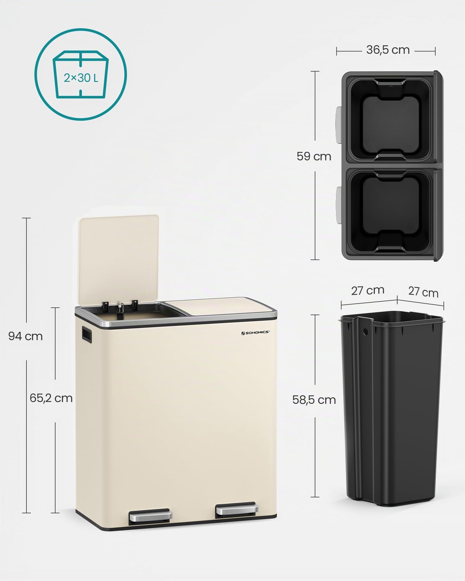 Songmics LTB060A01 pattumiera mandorla 60L 2x30L pedale