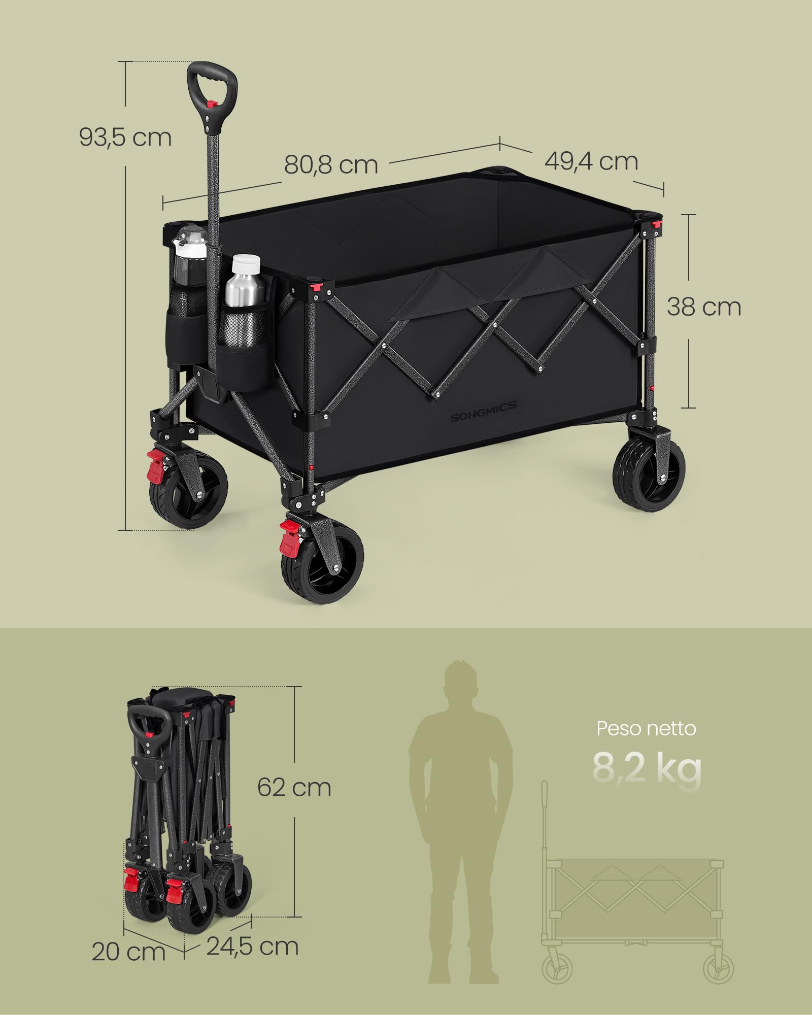 Songmics GFW115B01 carrello spiaggia pieghevole nero 150L 150 kg