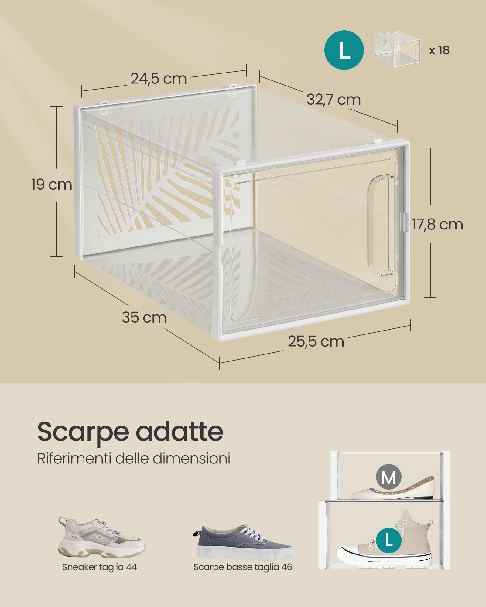 Songmics scatole scarpe trasparenti 18 pezzi fino al 46