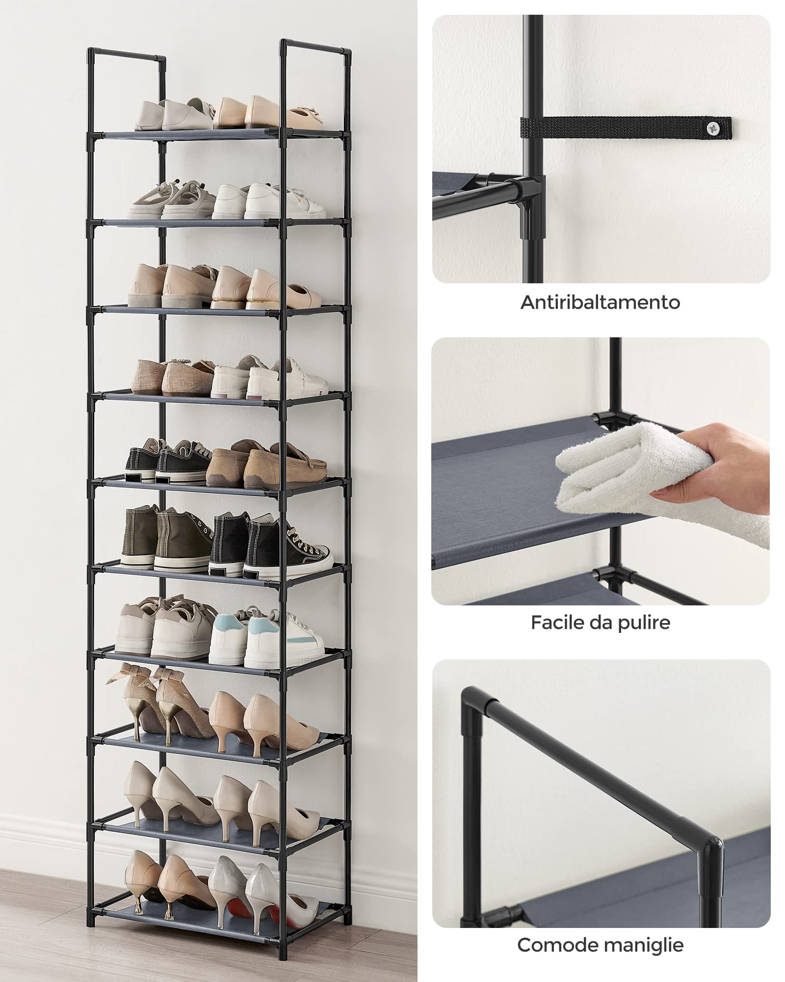 Songmics LSH010G01 scarpiera 10 ripiani grigia 28x45x173
