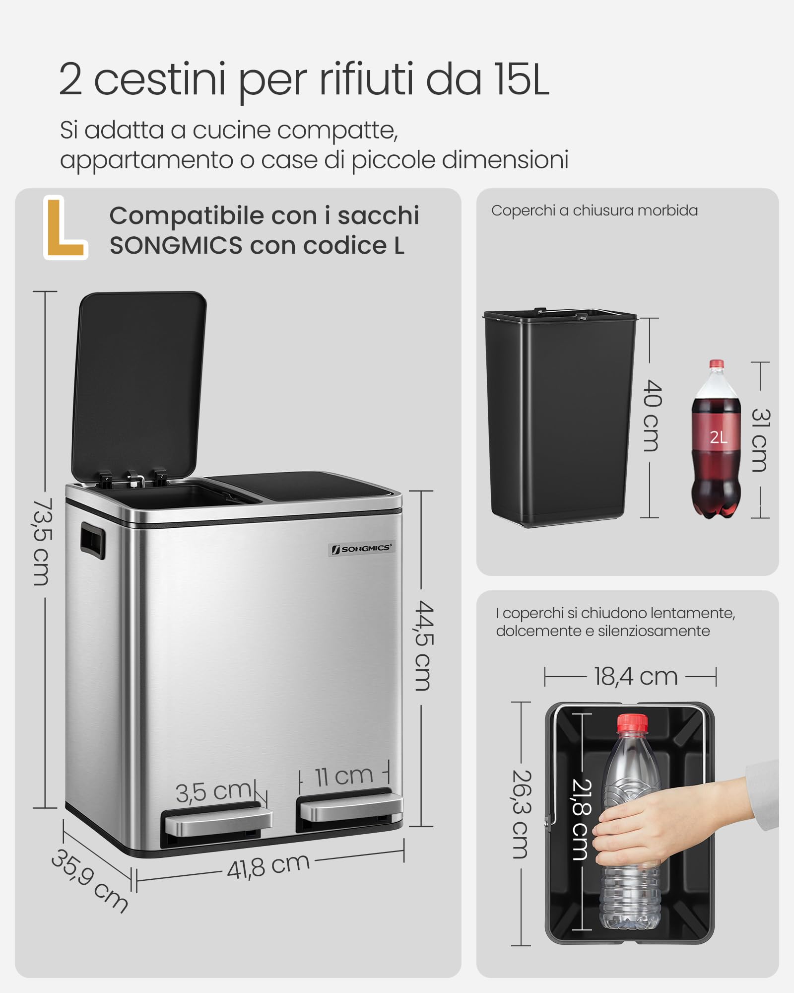 Songmics LTB30H pattumiera doppia 2x15L argento-nero pedale