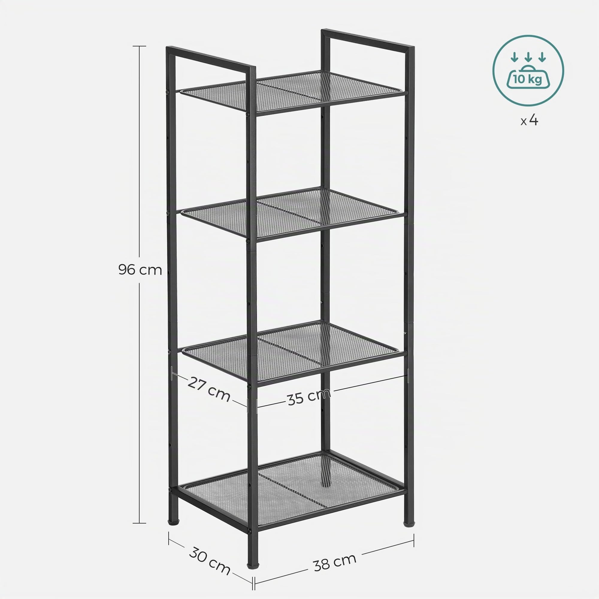 Songmics BSC034B01 scaffale 4 ripiani nero 38x30x96 cm rete