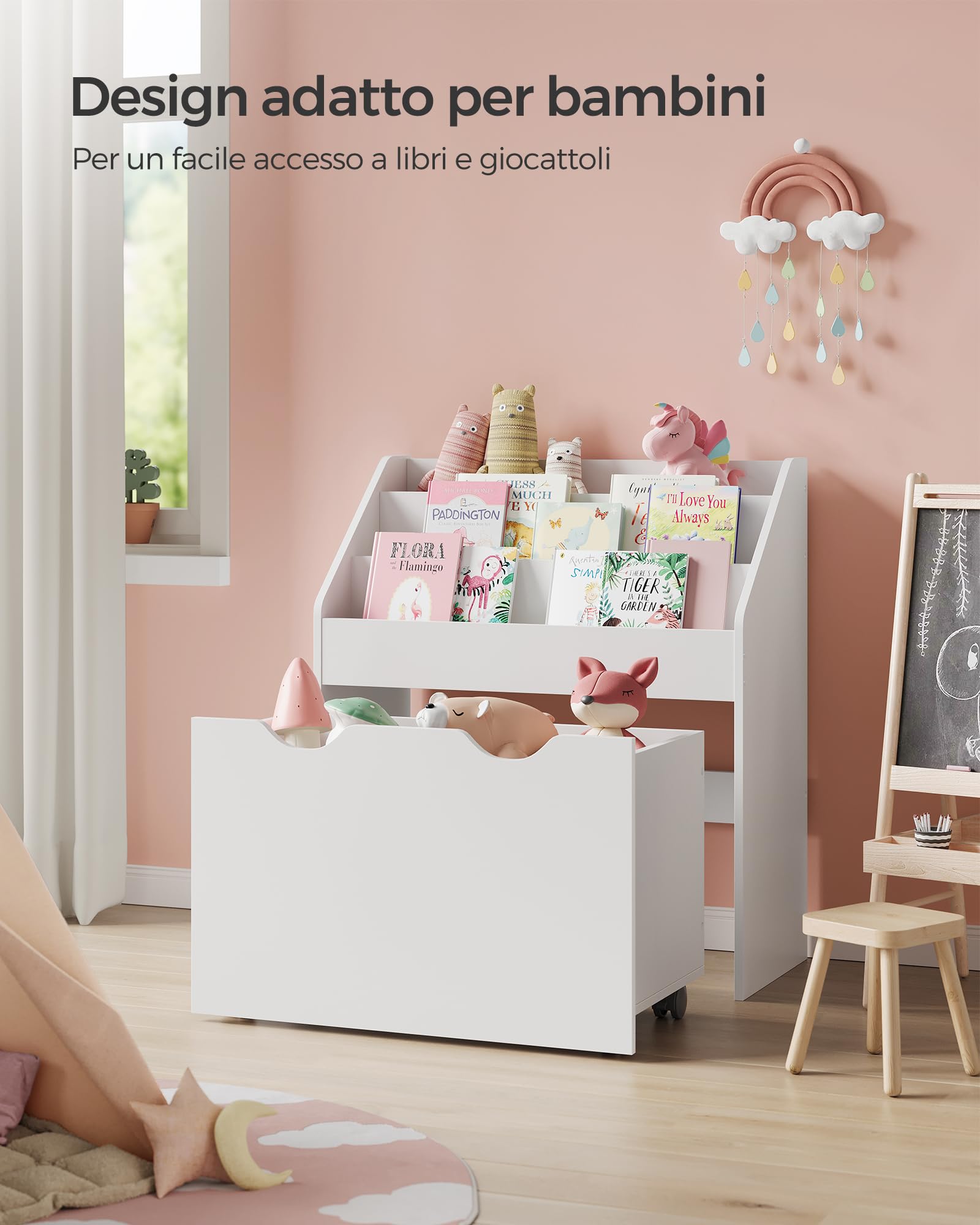 Songmics GKR041W10 scaffale giocattoli bianco 3 scomparti con ruote