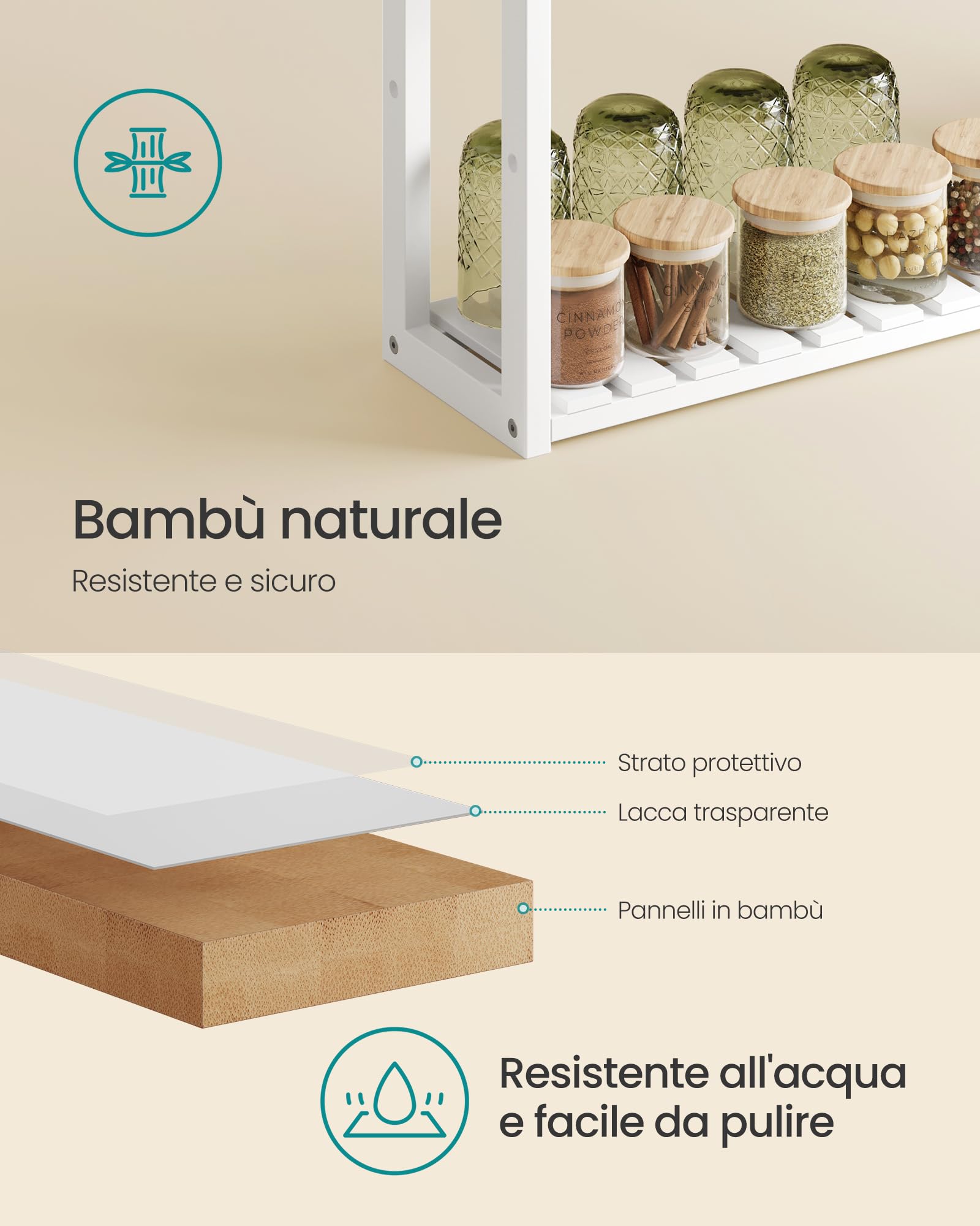 Songmics BCB13W Mensola Bagno Bambù 60x15x54 Bianca 3 Ripiani