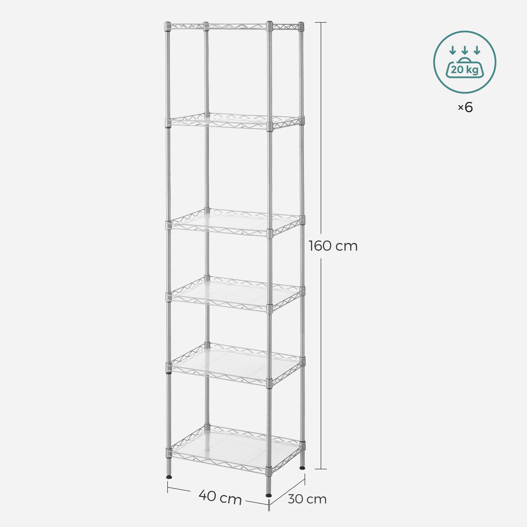 Songmics LGR116E01 scaffale metallo argento 6 ripiani 40x30