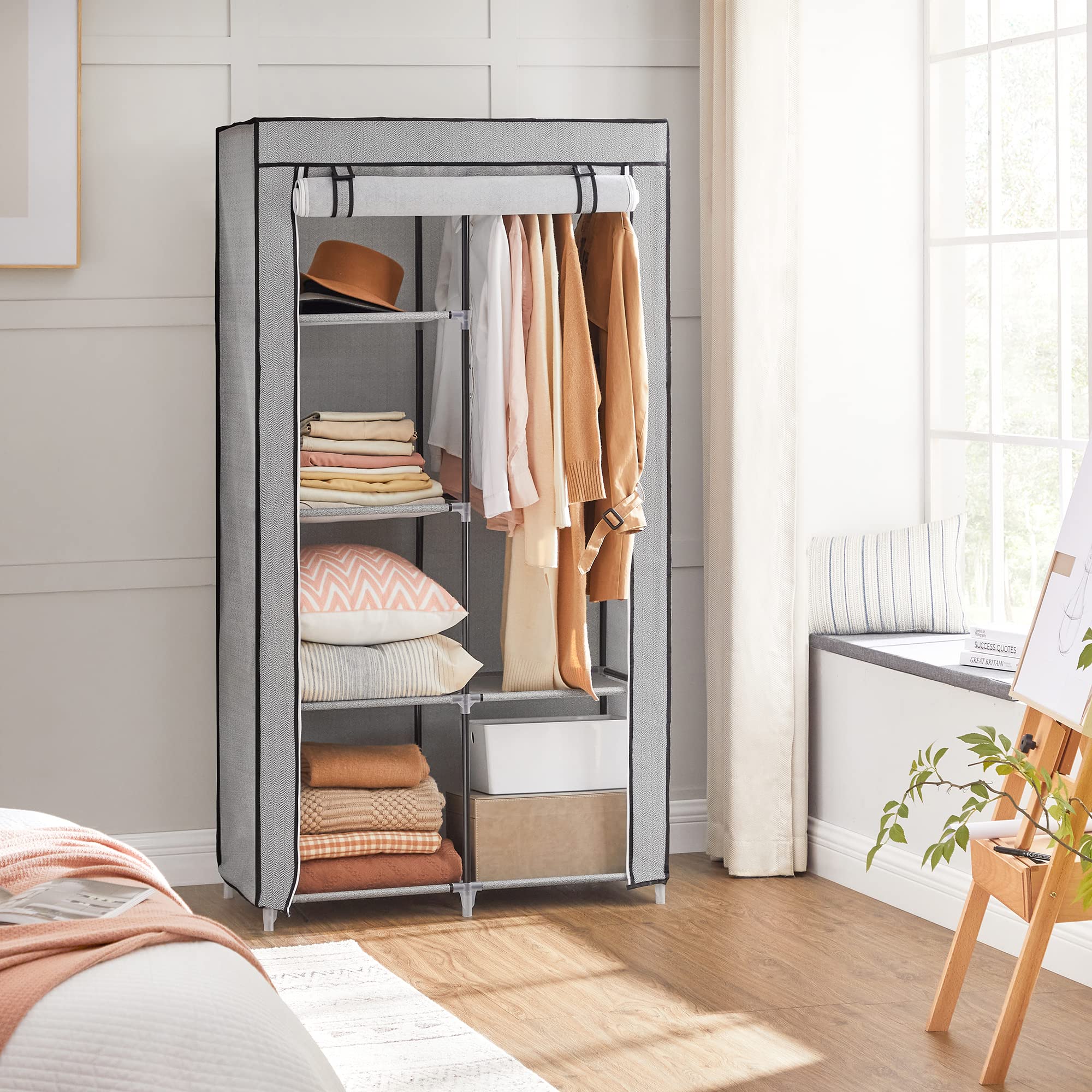Songmics guardaroba tessuto 45x88x168 cm grigio con asta appendiabiti