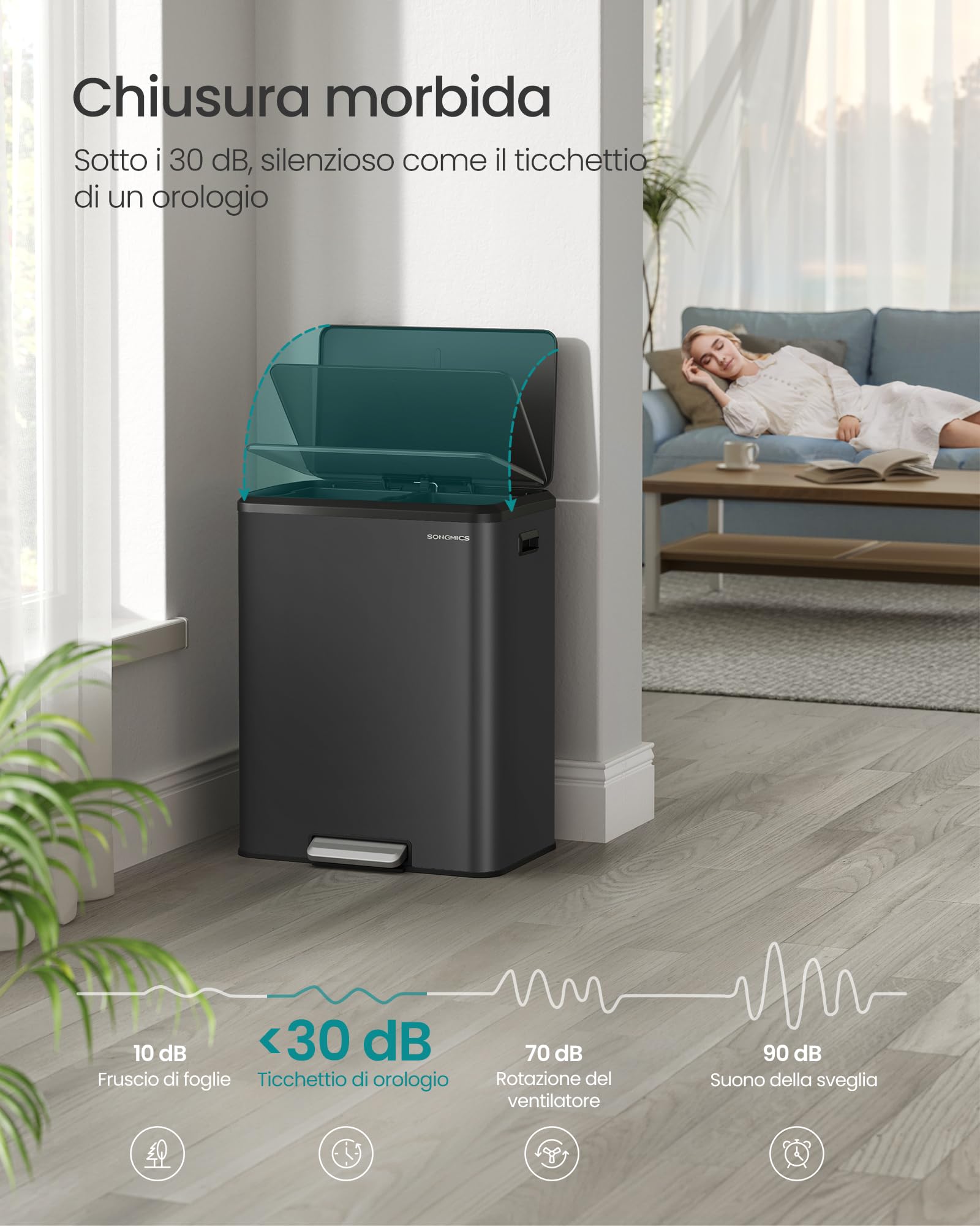 Songmics LTB556B02 pattumiera doppia 2x30 L nero inchiostro acciaio