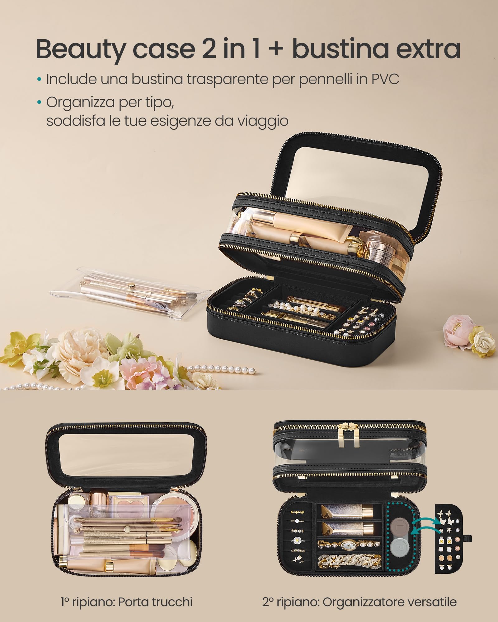 Songmics JKA026B01 beauty case viaggio nero inchiostro con specchio