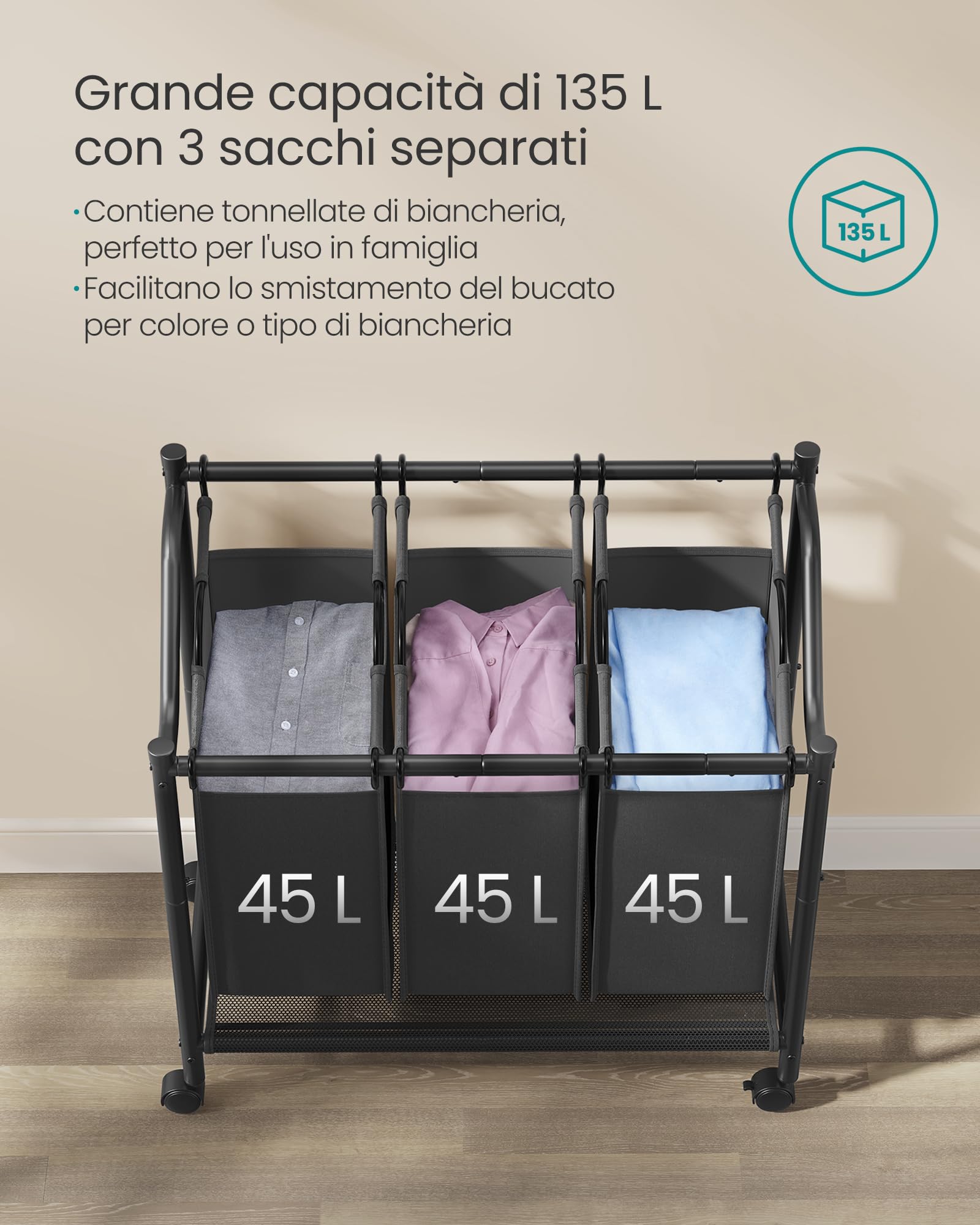 Songmics RLS102B01 carrello portabiancheria 3x45L nero con ruote