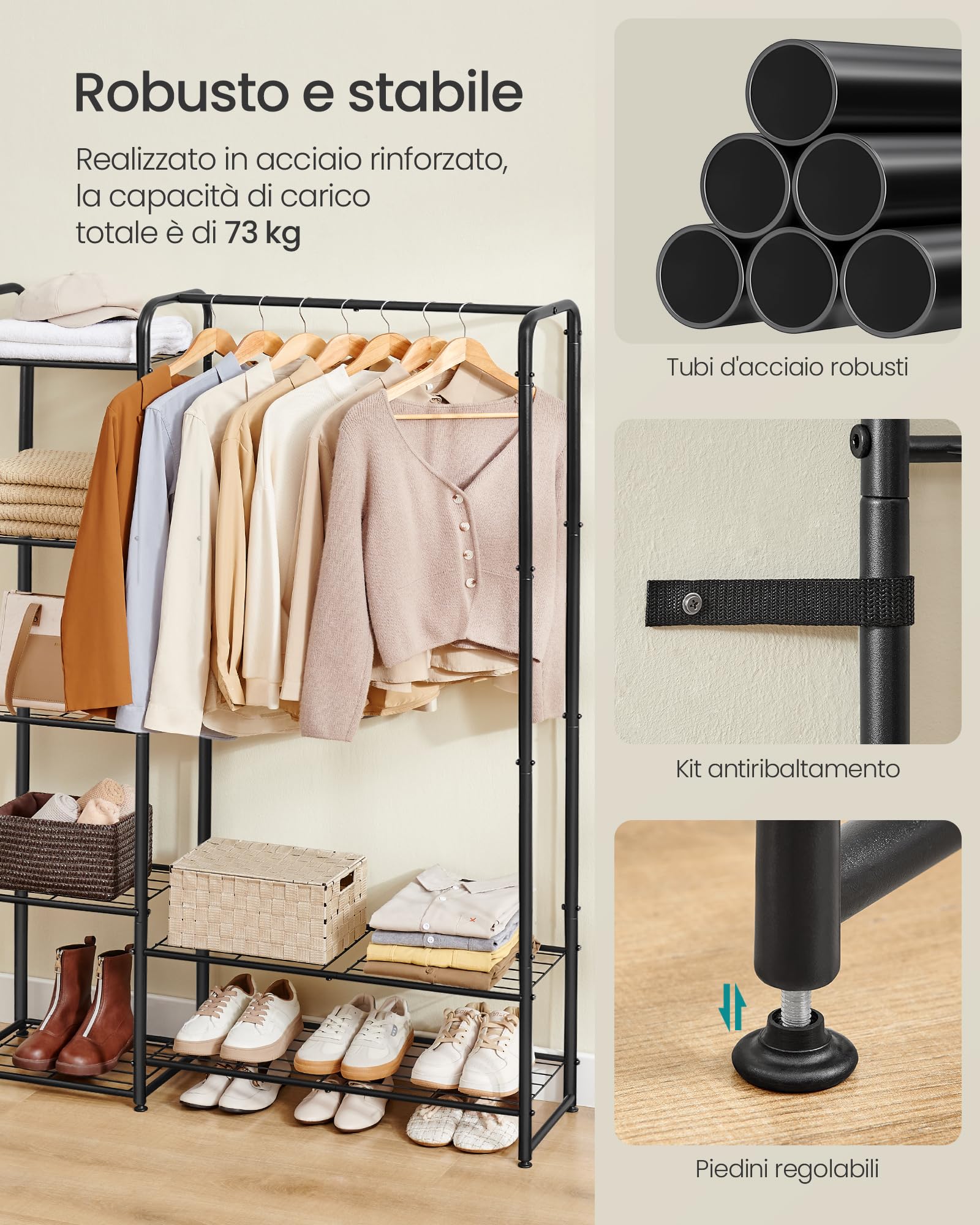 Songmics LGR462B01 Armadio Aperto Nero Opaco 7 Ripiani Salvaspazio