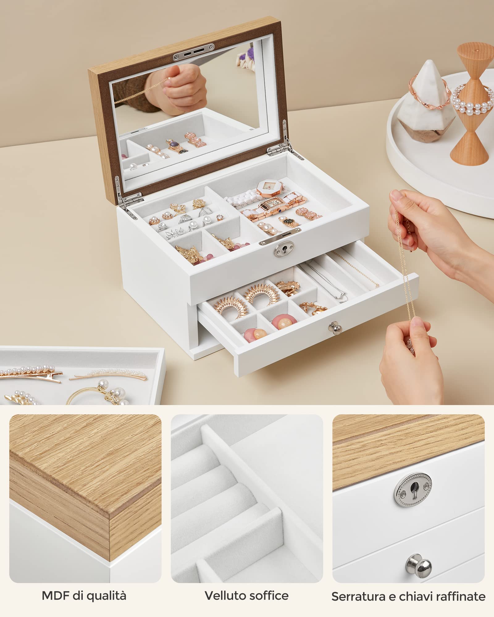 Songmics JOW15WN scatola portagioie bianco legno con specchio