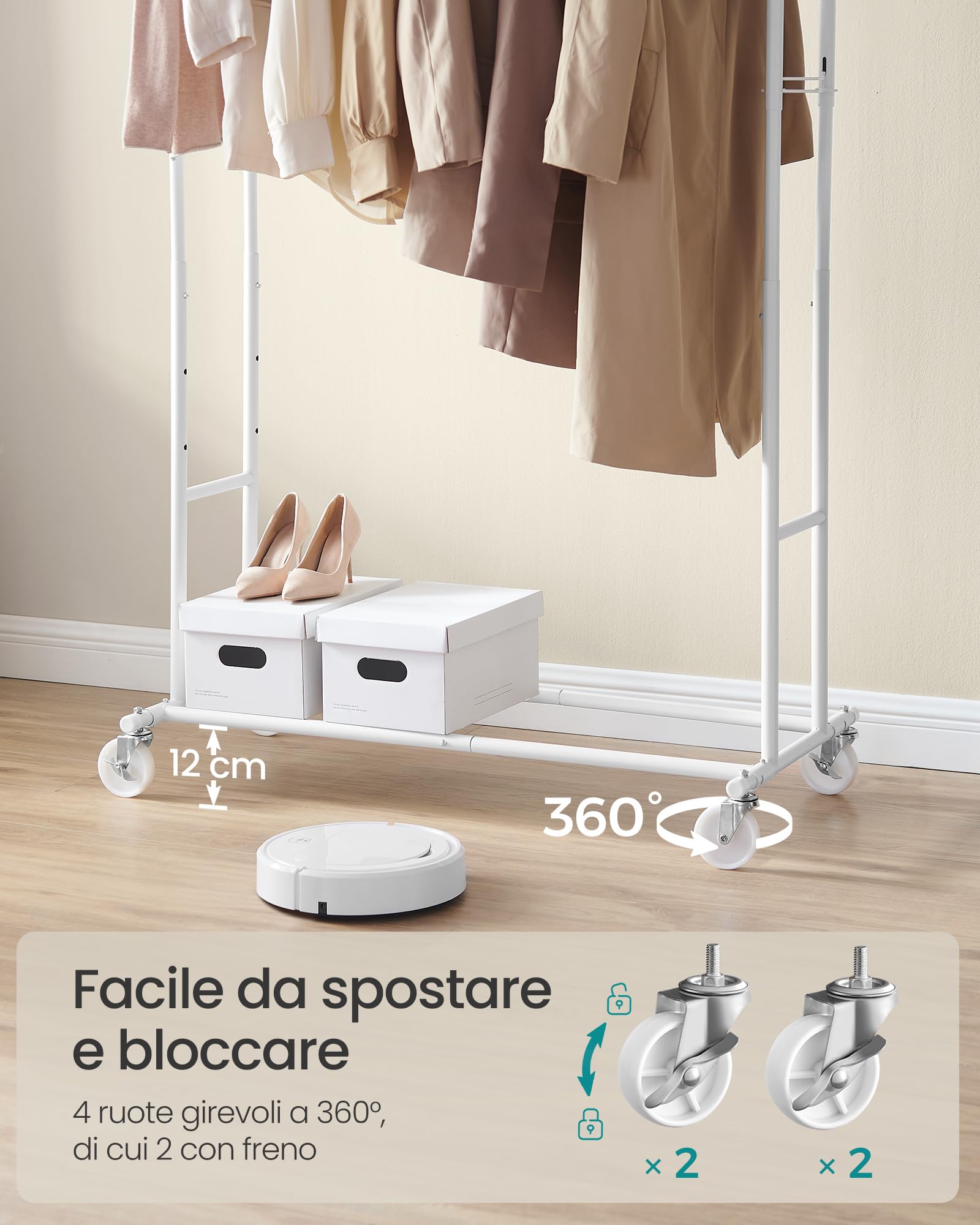 Songmics HSR012W01 stand appendiabiti bianco opaco con ruote 110 kg