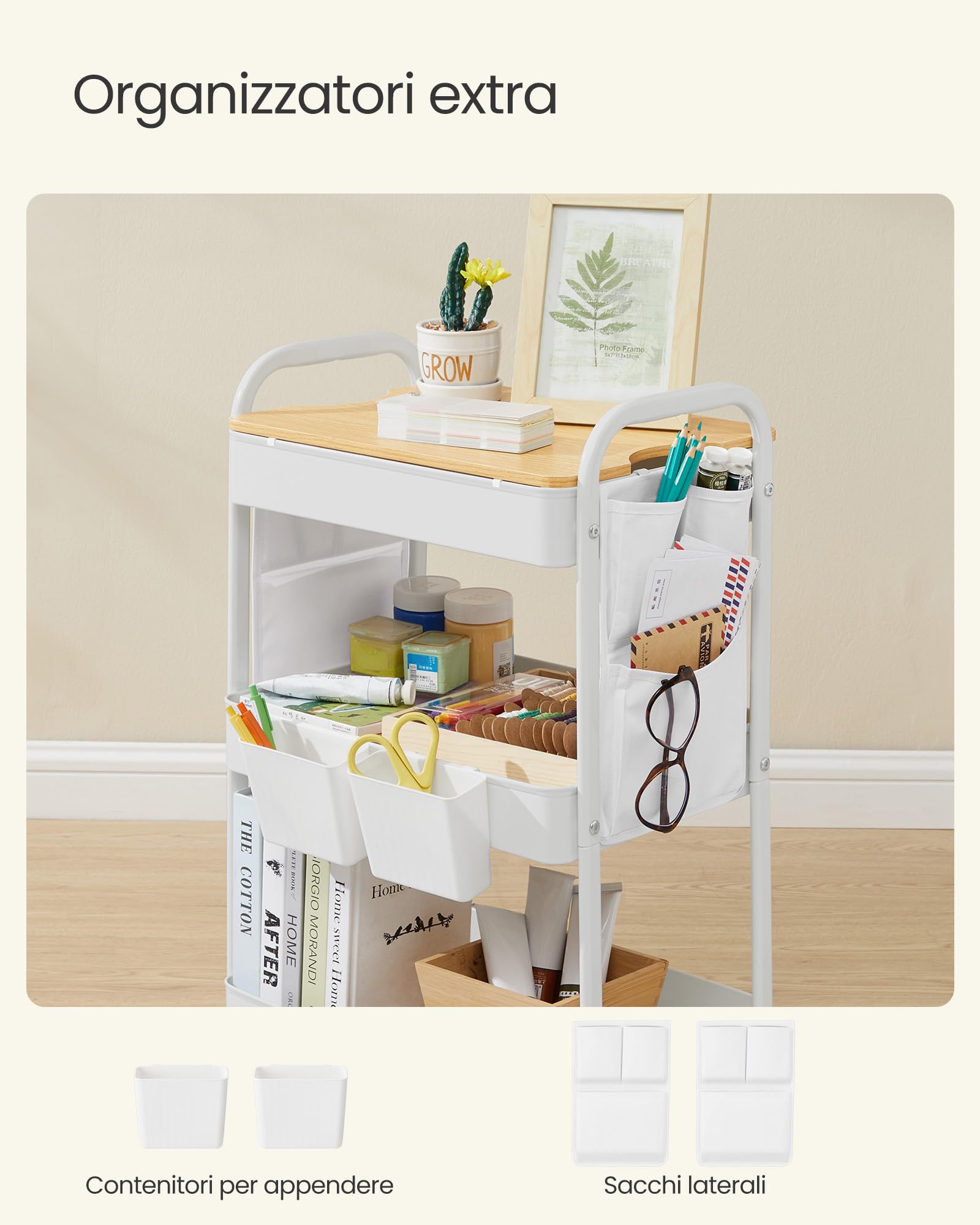 Songmics LRC036W01 carrello 3 ripiani bianco nuvola con ruote