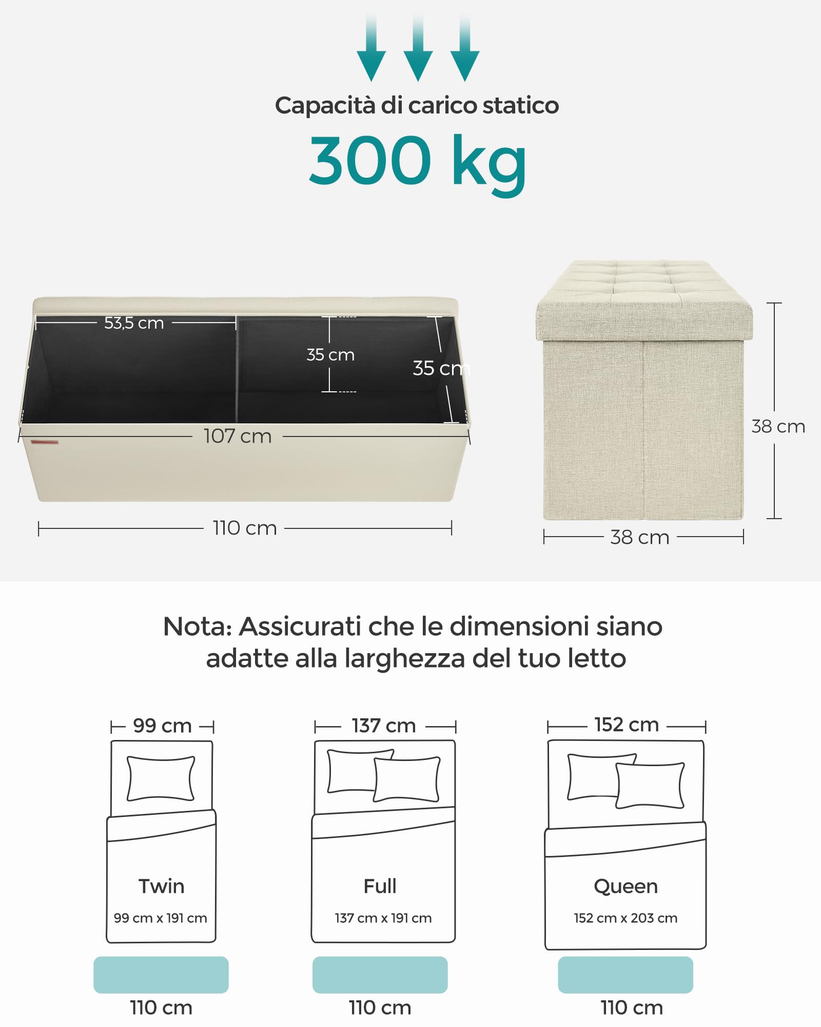Songmics Mazie LSF77BE cassapanca 110 cm bianco crema