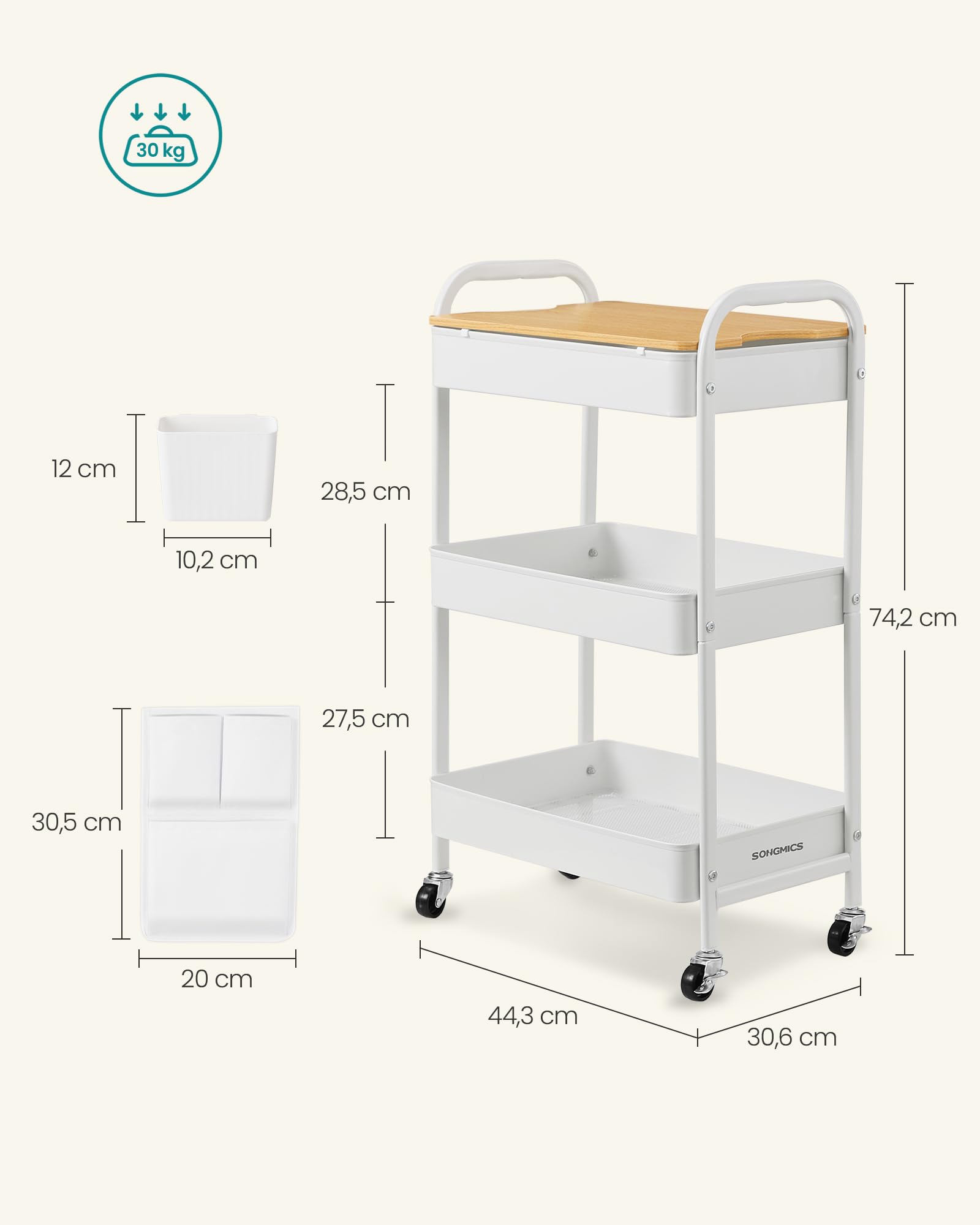 Songmics LRC036W01 carrello 3 ripiani bianco nuvola con ruote