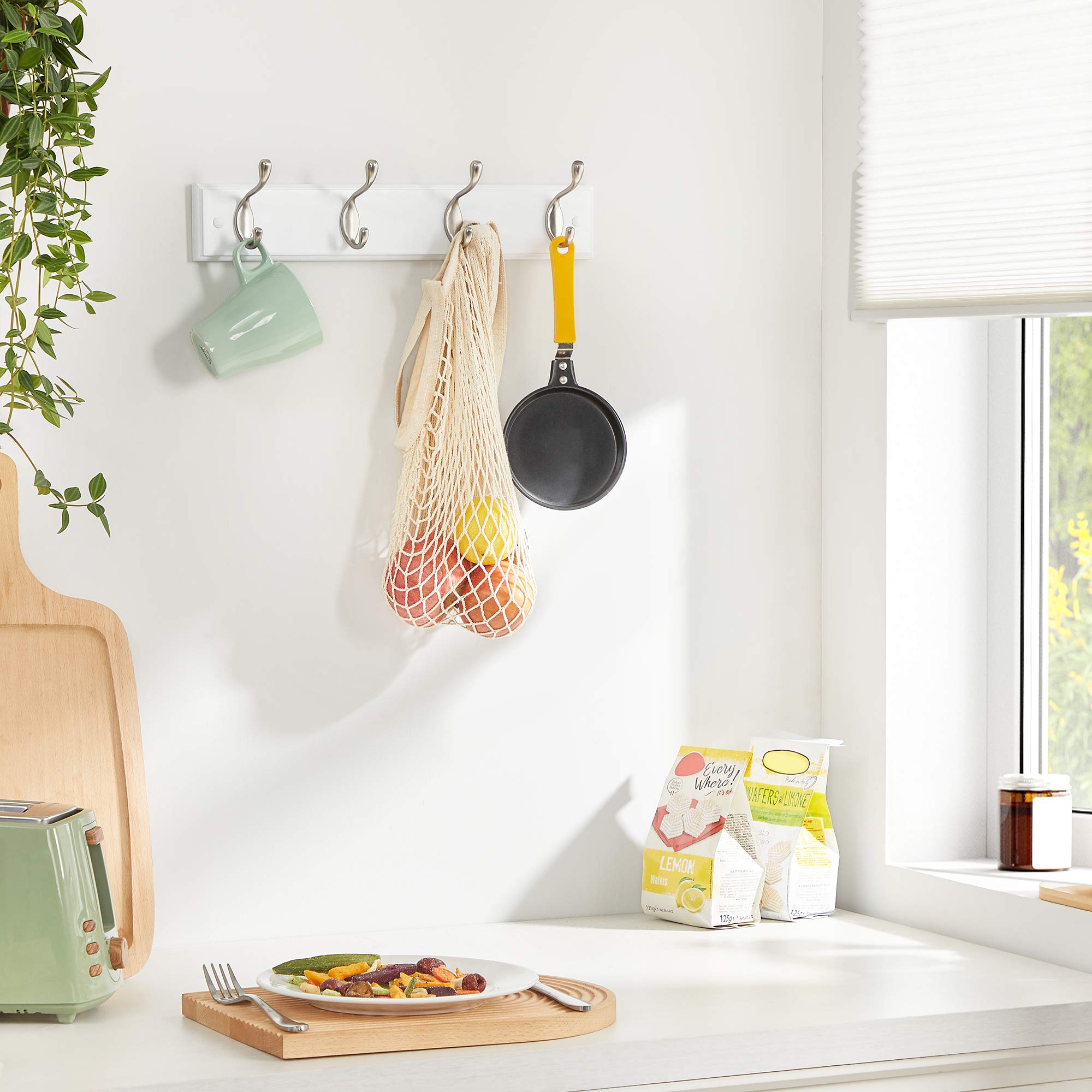 SONGMICS LHR023E01 Attaccapanni Parete Bianco 4 Ganci legno