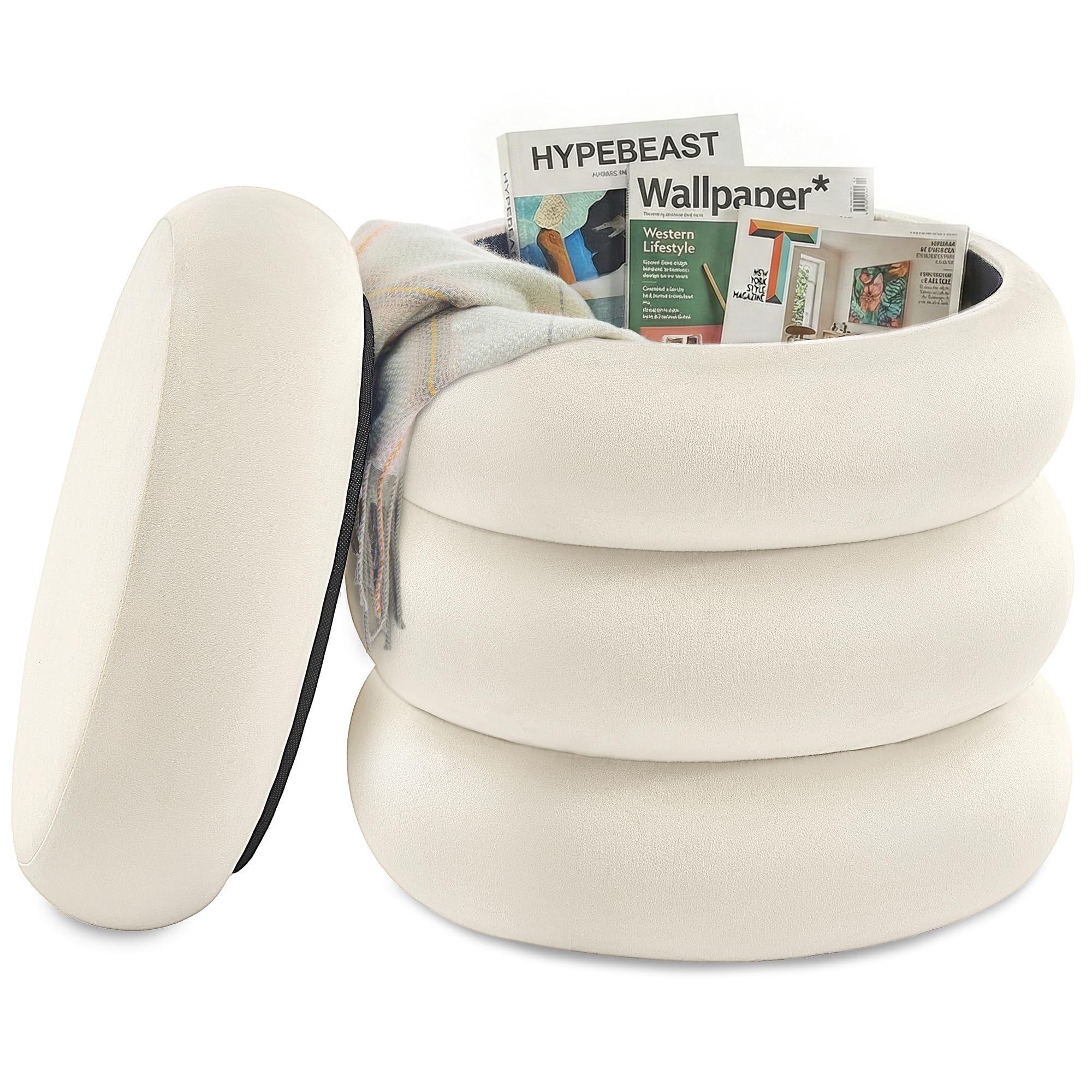 Songmics LOM018LH01 Pouf Contenitore Velluto Bianco Crema 43 cm