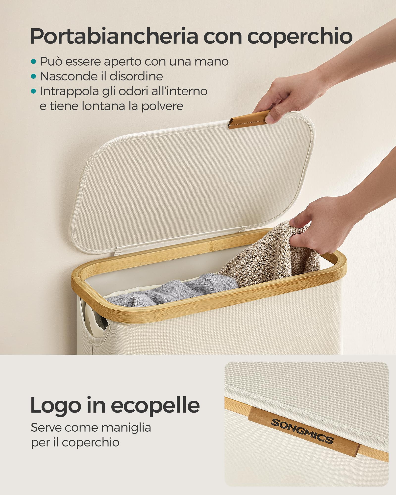 Songmics LCB506W01 cesto portabiancheria 65L bianco crema salvaspazio