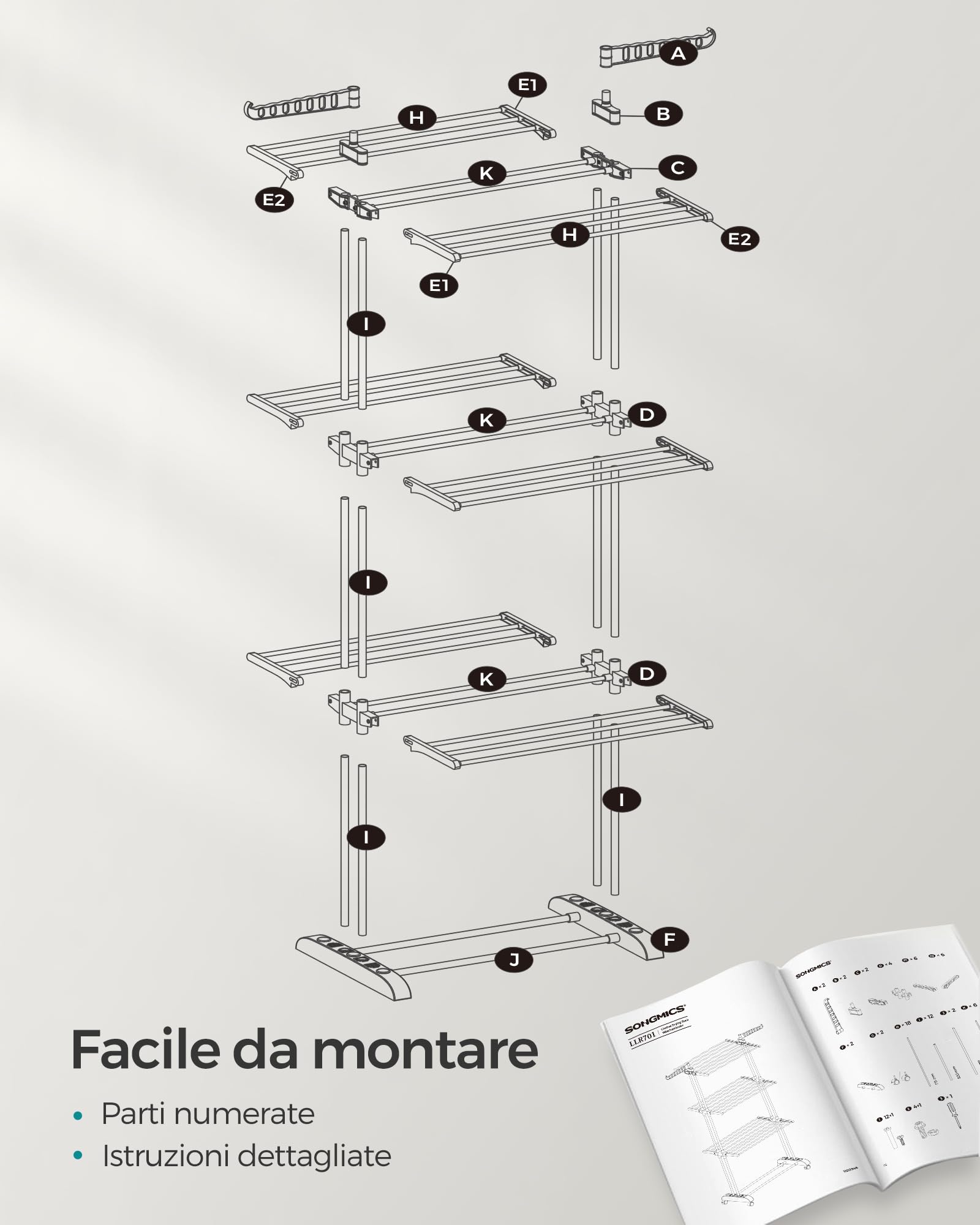 Songmics LLR701G01 stendibiancheria 4 livelli grigio con ruote