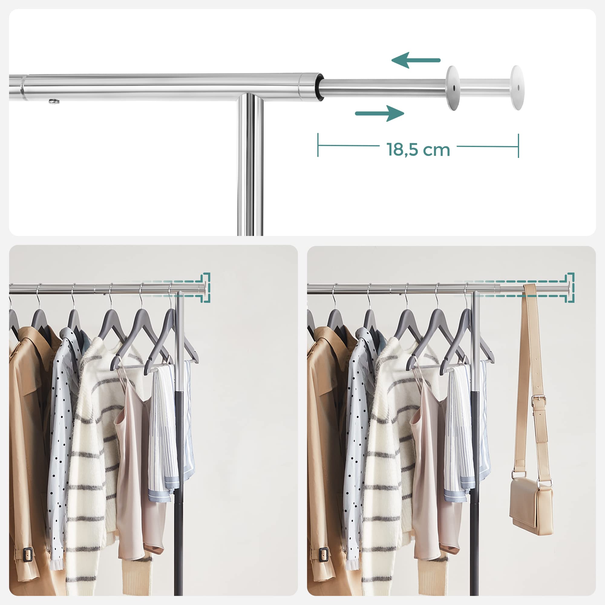 Songmics HSR101B01 stand appendiabiti con ruote argento e nero 25 kg