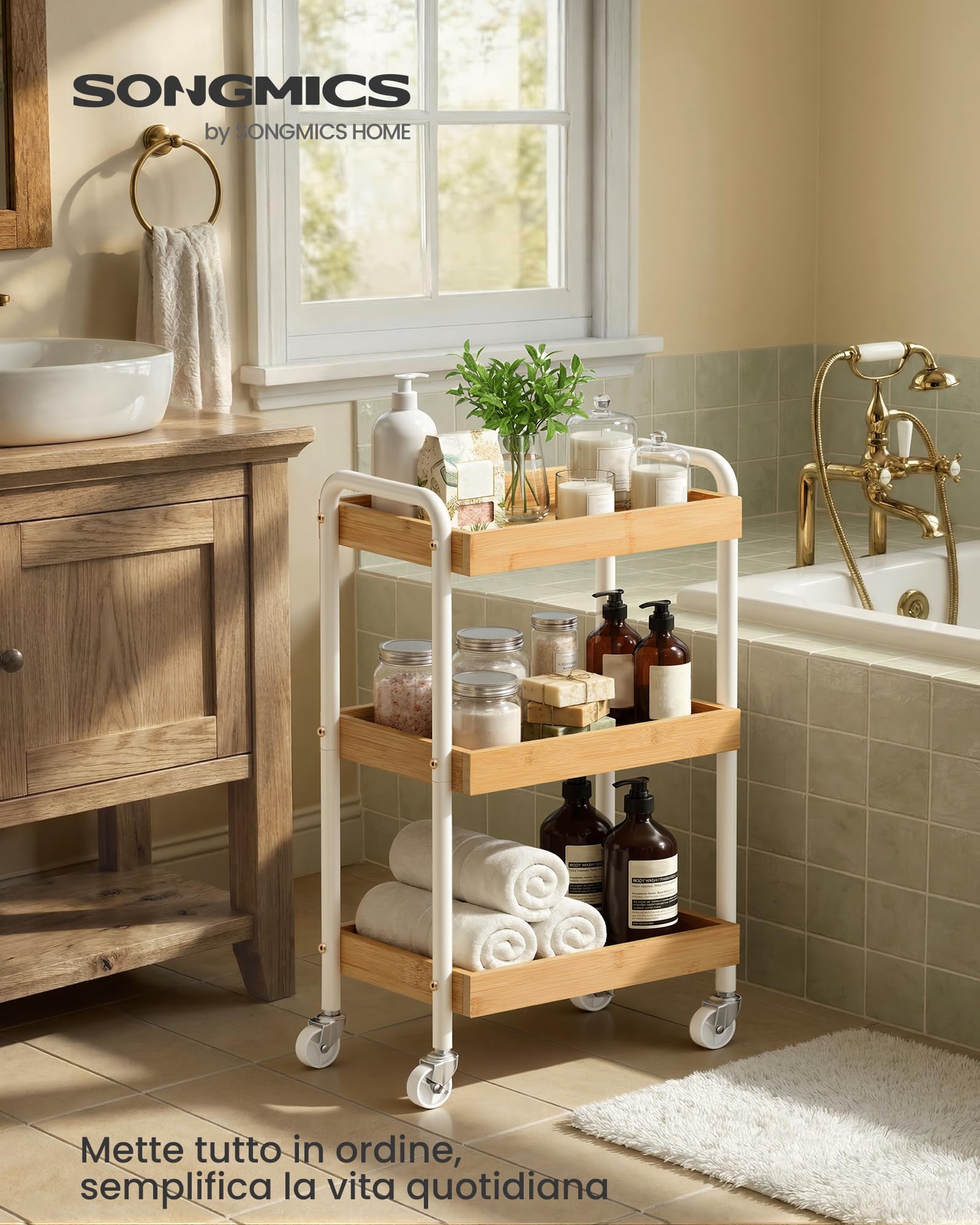 Songmics LRC081YL01 carrello 3 ripiani beige con ruote