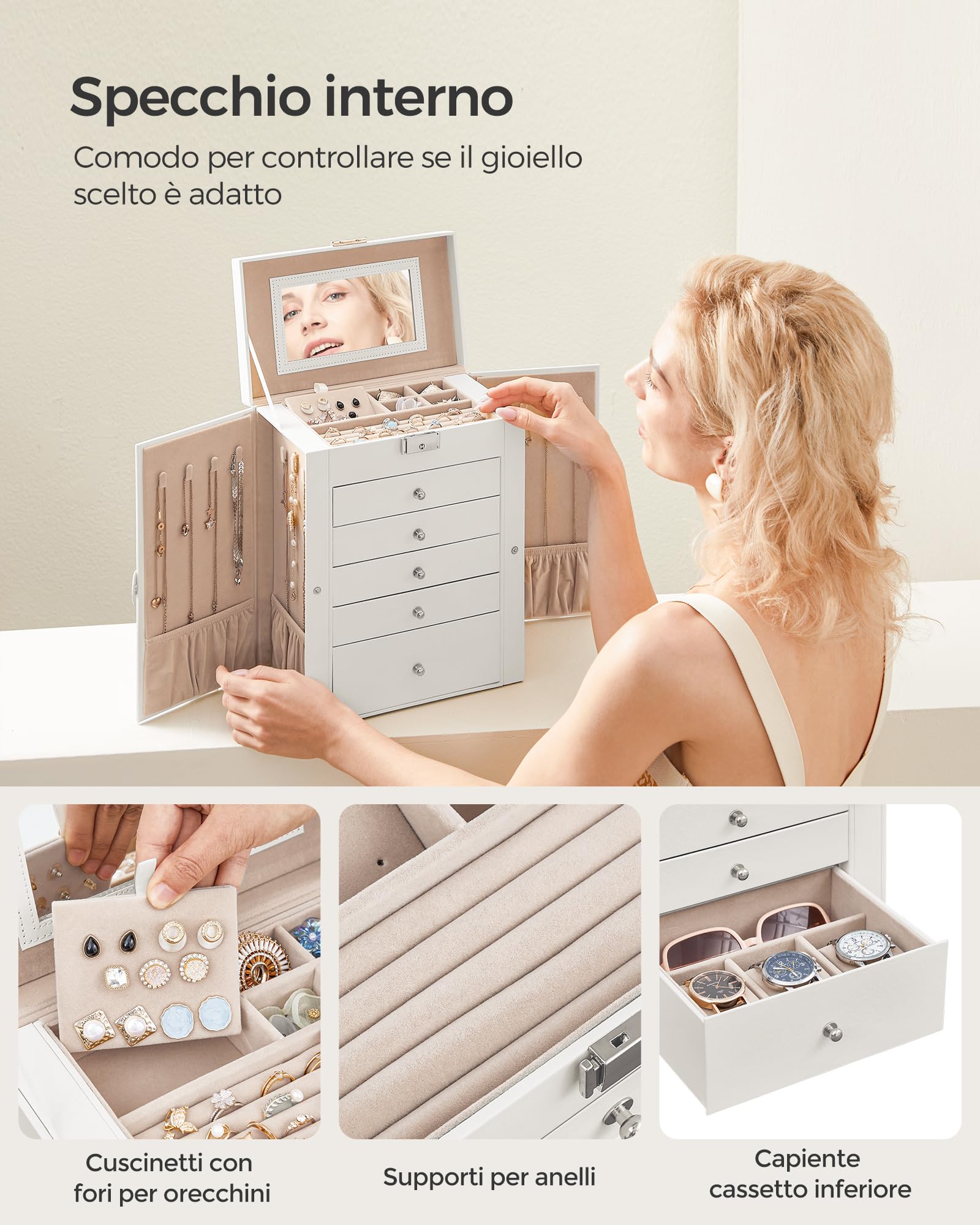 Songmics JBC152W01 scatola portagioie 6 livelli bianco con specchio