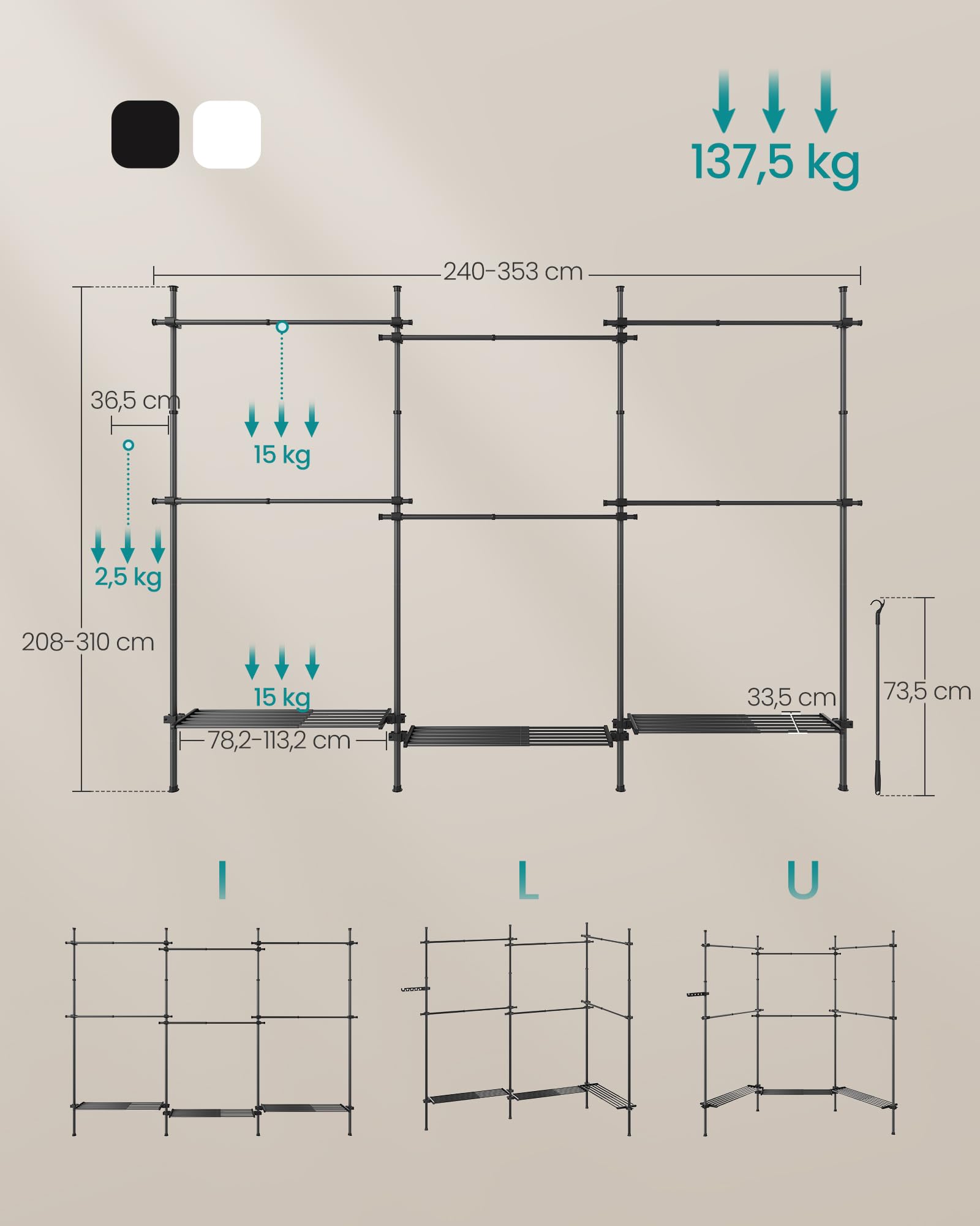 Songmics HSR155B01 armadio aperto nero regolabile