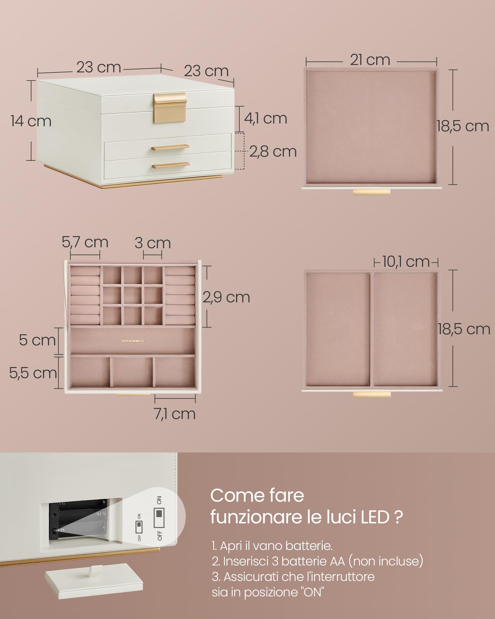 Songmics JBC169W01 scatola portagioie LED 3 livelli crema