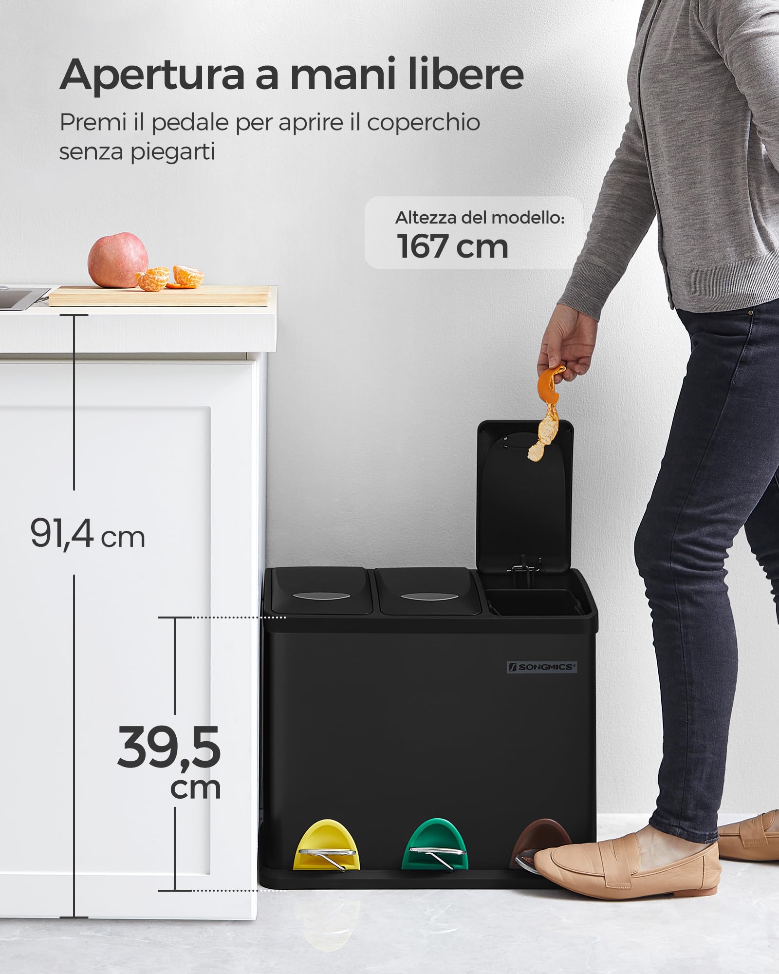 Songmics LTB24BK pattumiera 3x8 L nera a pedale