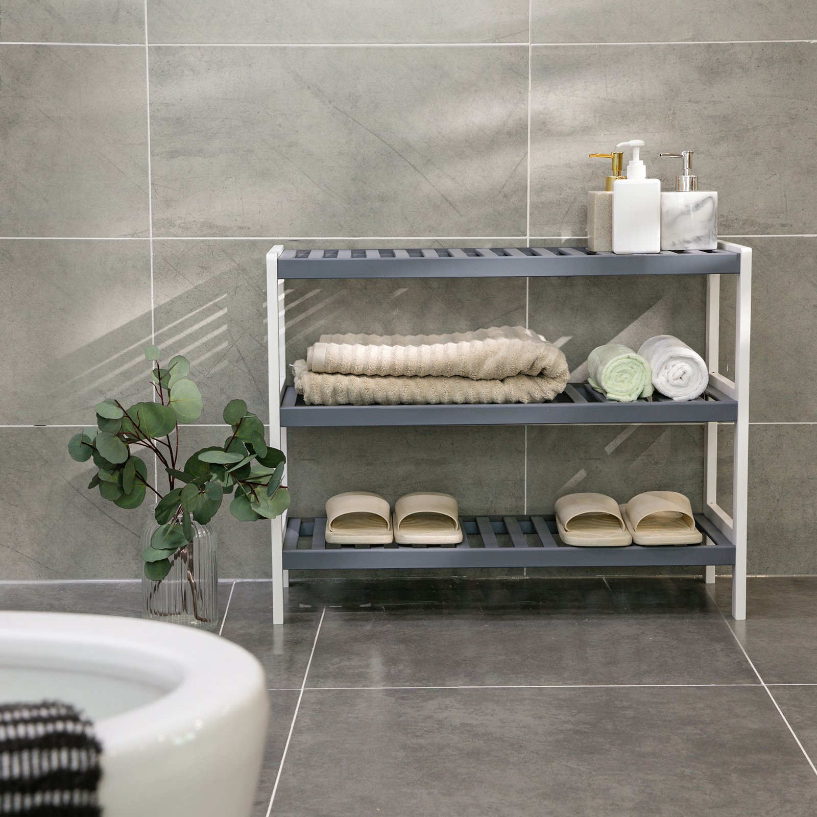 Songmics LBS03WG scarpiera bambù 3 ripiani 70 cm bianco-grigio