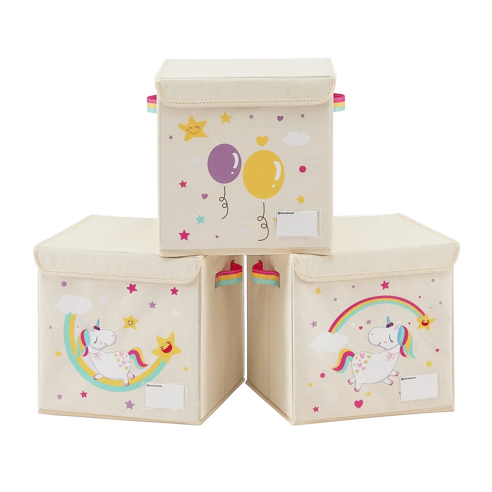 Songmics RFB710W03 Scatole Bambini Unicorno Beige 3 Pezzi 30 cm