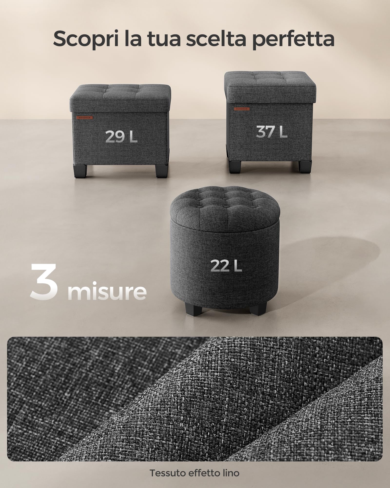 Songmics LOM011G01 pouf contenitore rotondo grigio scuro 42L
