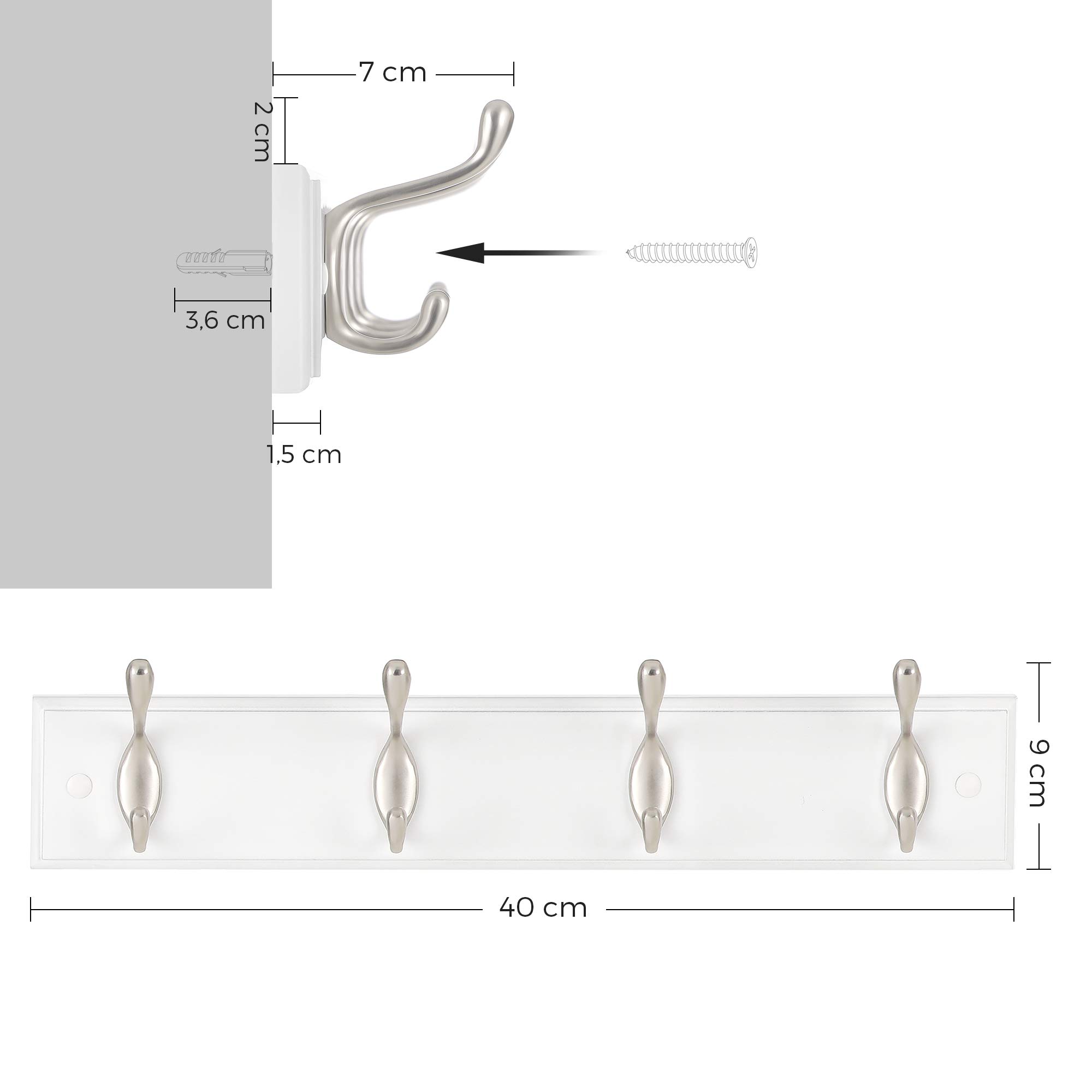 SONGMICS LHR023E01 Attaccapanni Parete Bianco 4 Ganci legno
