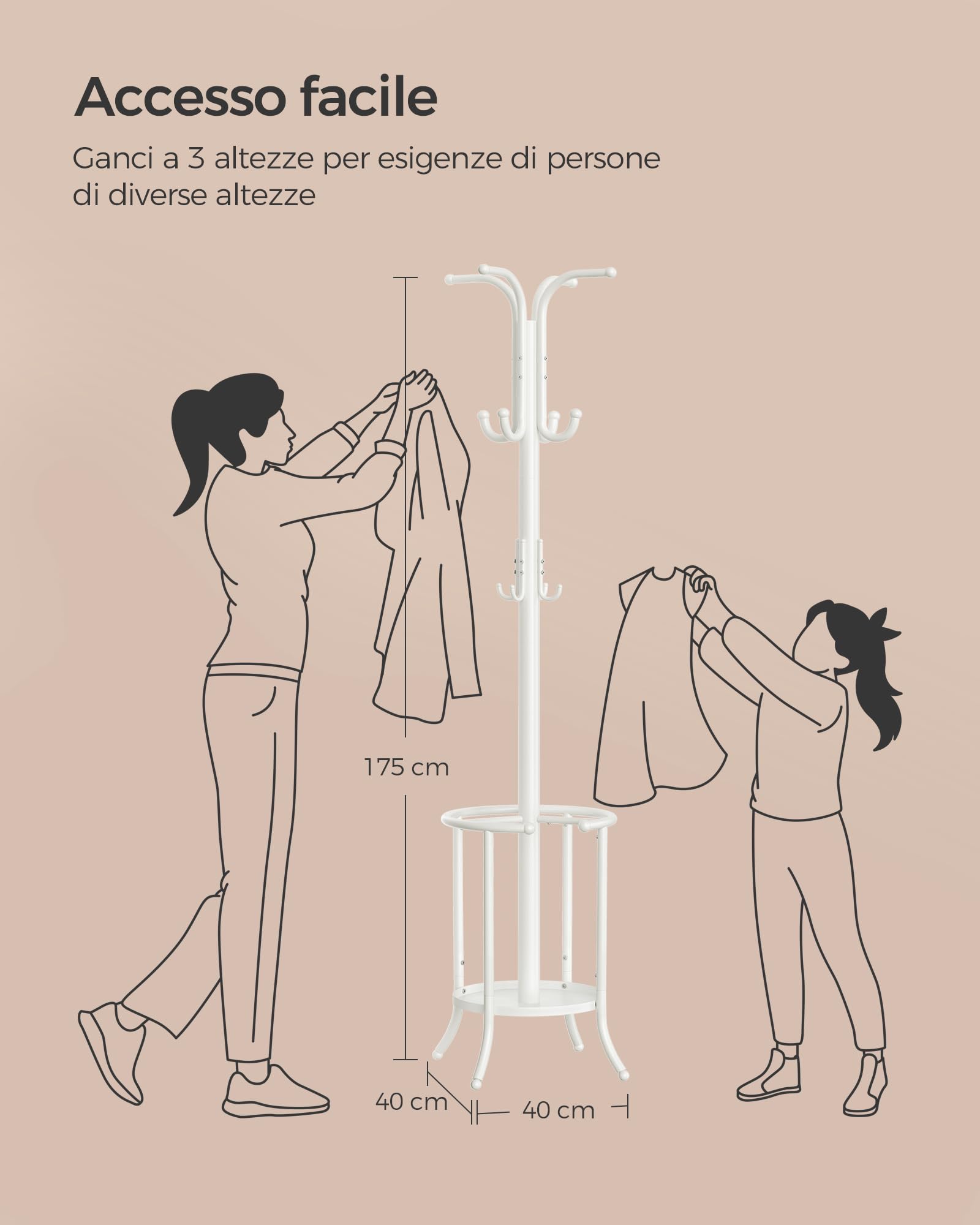 Songmics RCR011W01 Appendiabiti da Terra Bianco Perla 12 Ganci 175 cm