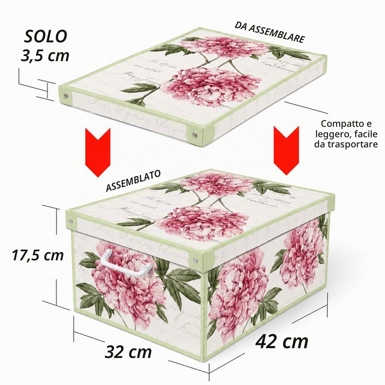 Lavatelli Scatole Armadio 2 pezzi 32x42x17,5 cm peonie coperchio