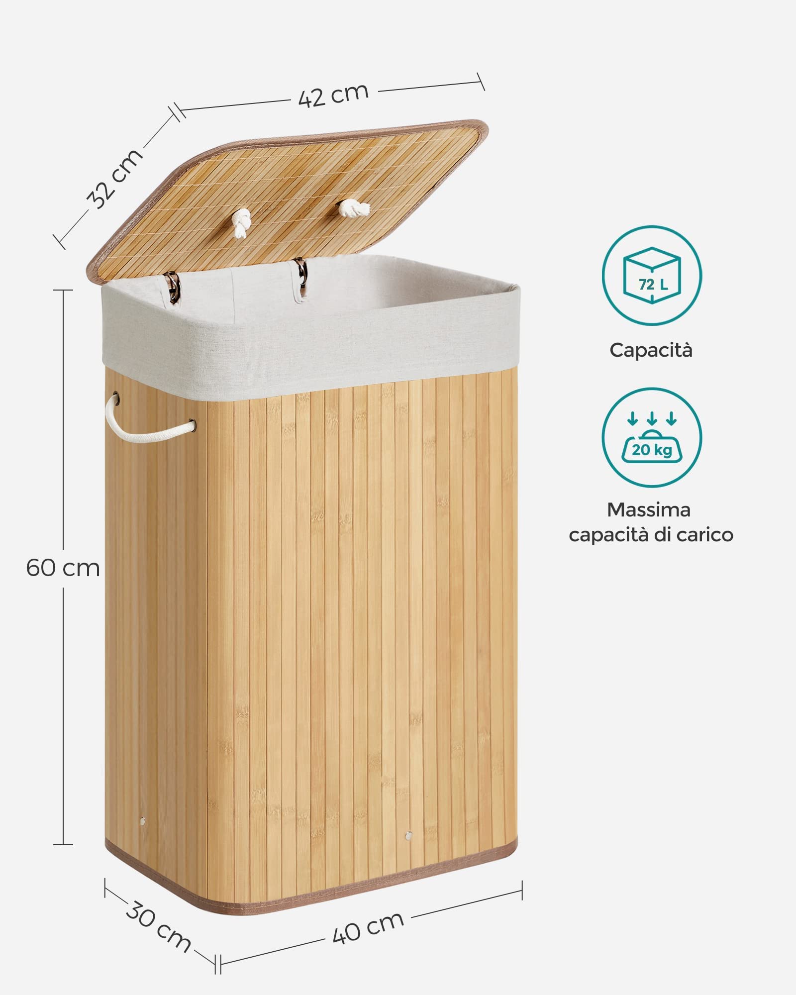 Songmics LCB10Y cesta portabiancheria 72L naturale bambù