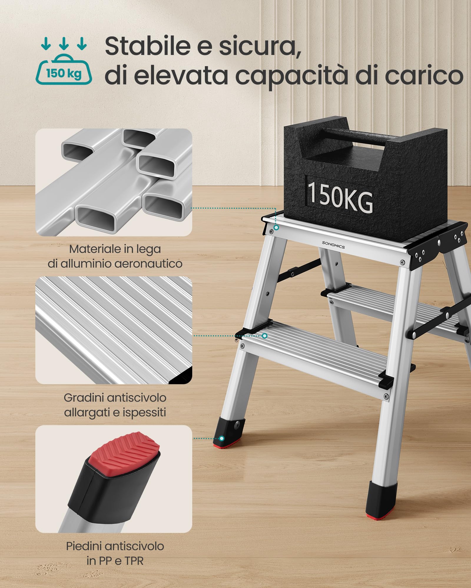 Songmics GLT012E01 scaletta pieghevole 2 gradini alluminio 150 kg