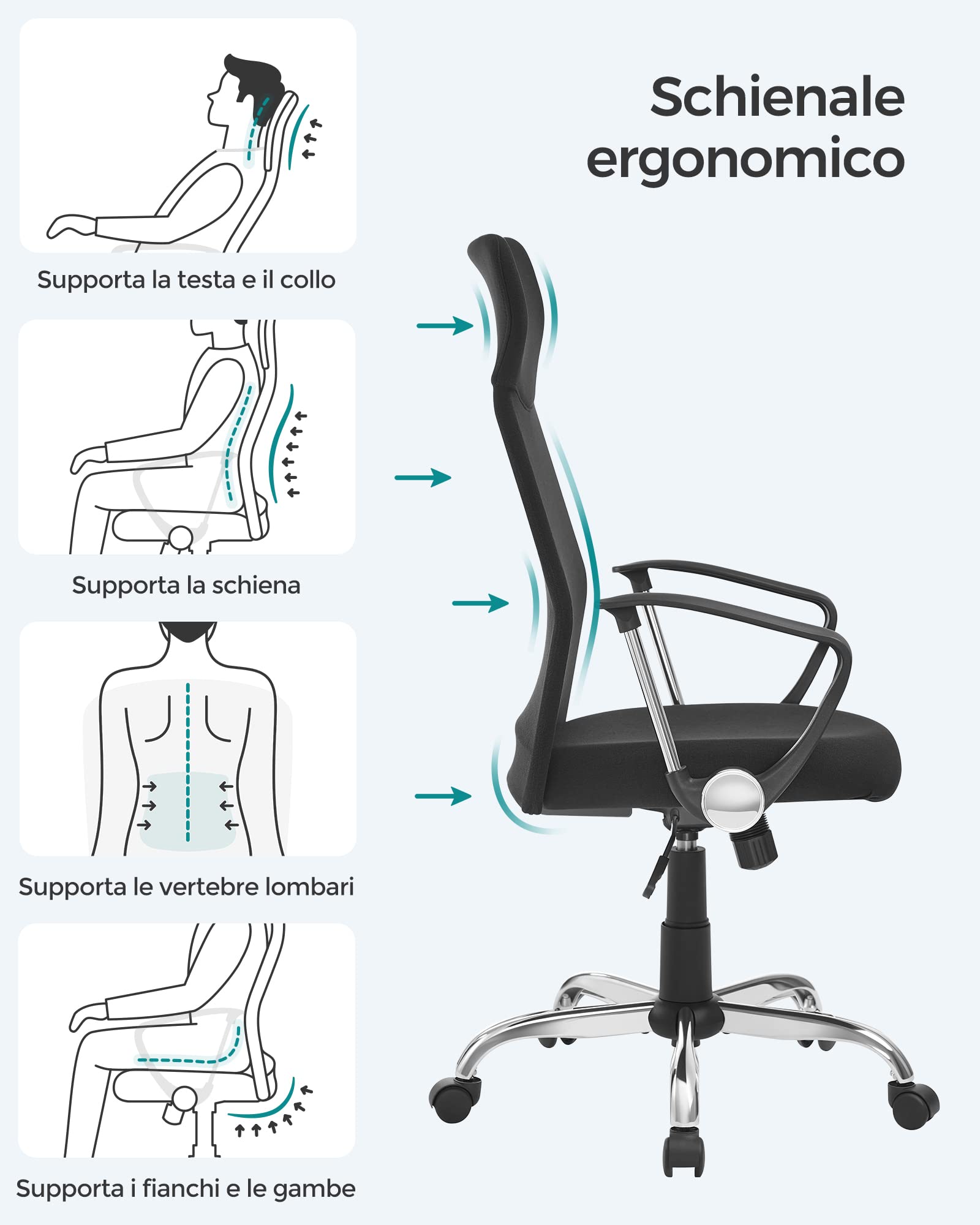 Songmics sedia da ufficio ergonomica nera 120 kg traspirante