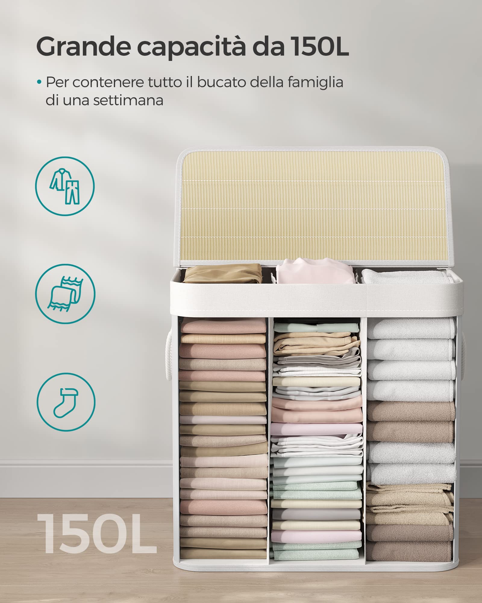 Songmics LCB091W01 cesto portabiancheria bambù bianco 150 L