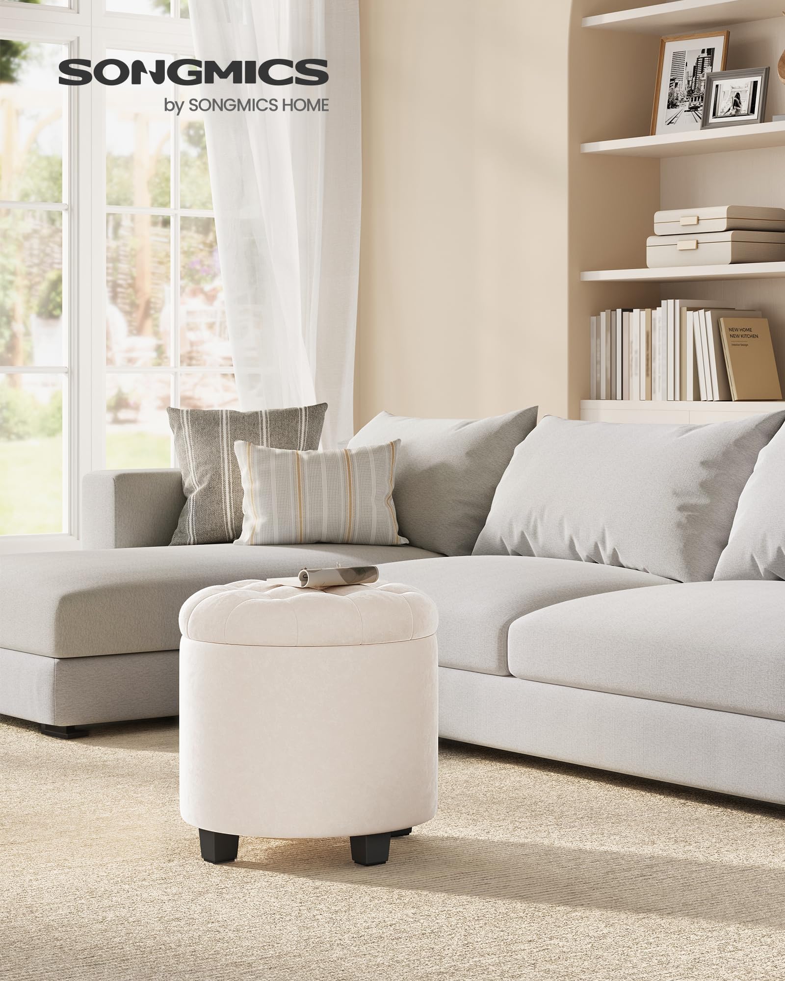 Songmics LOM012W01 pouf contenitore bianco crema 45 cm velluto