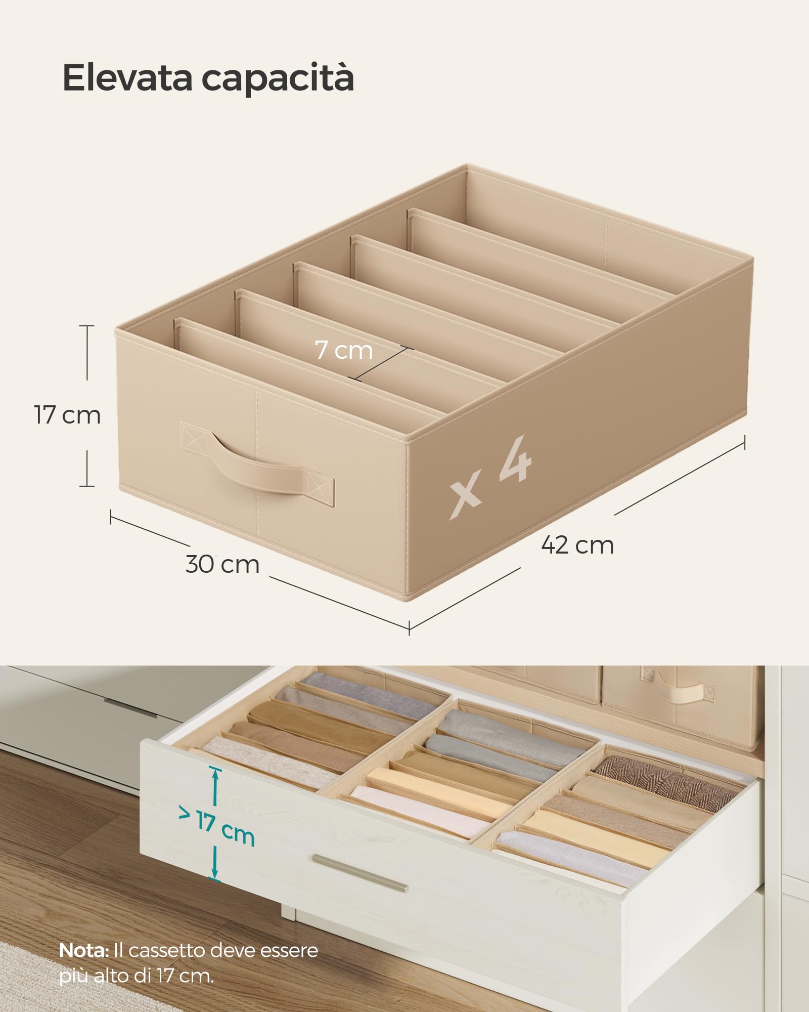 Songmics RUS009K01 set 4 organizer 6 scomparti beige sabbia