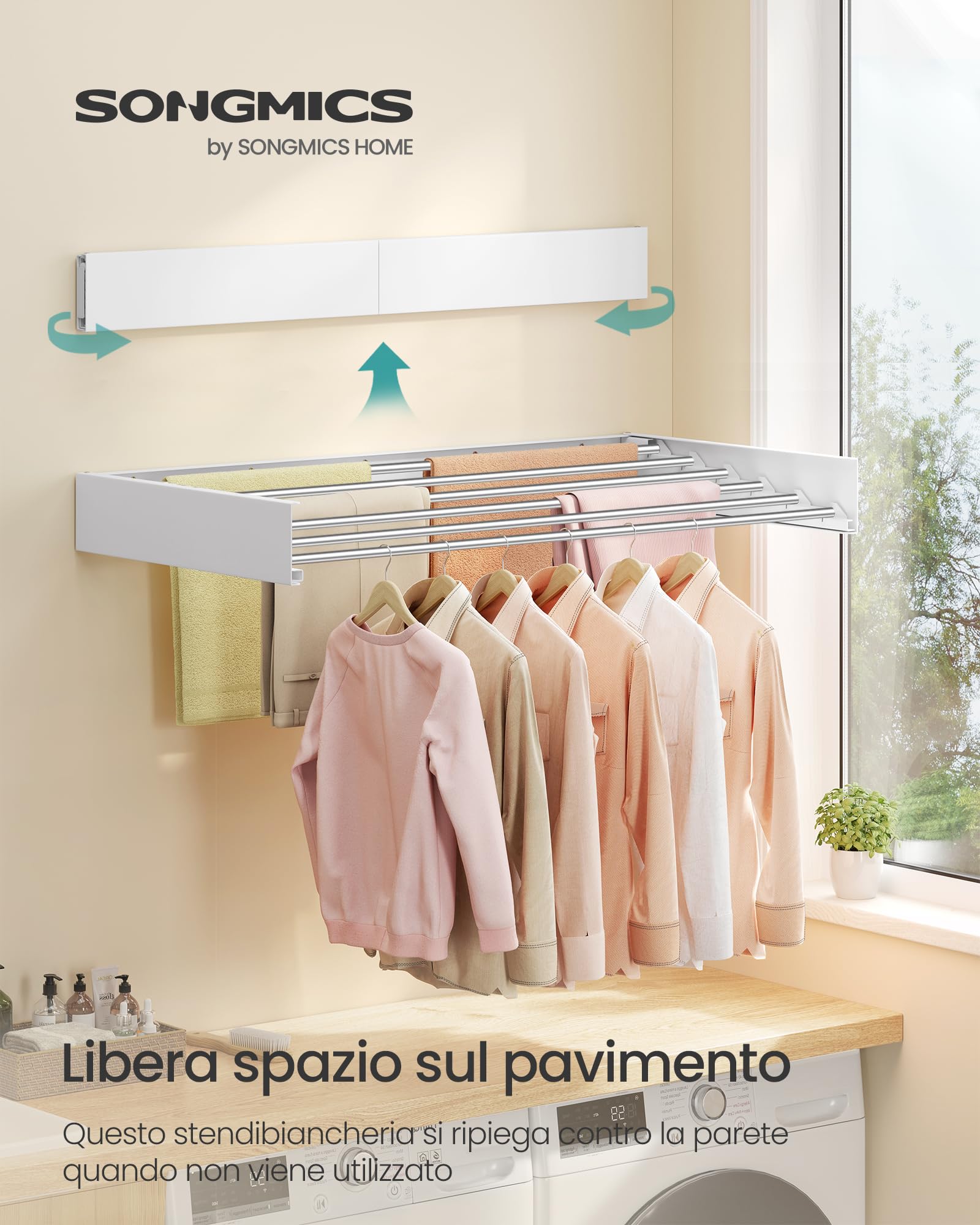 Songmics LLR810WE01 Stendibiancheria Parete 100 cm Bianco 15 kg