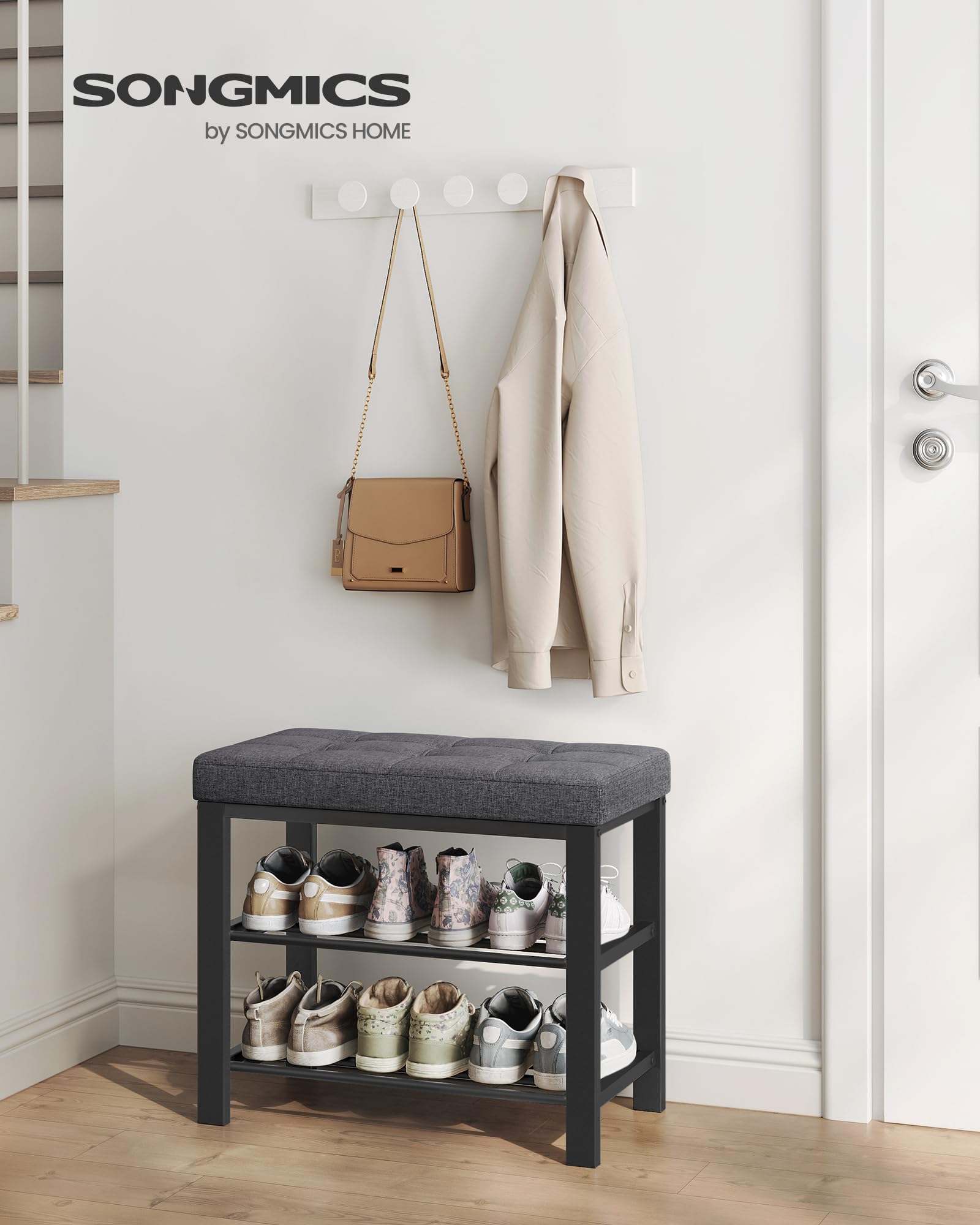 Songmics LBS576B33 panca scarpiera 60 cm grigio scuro 3 ripiani