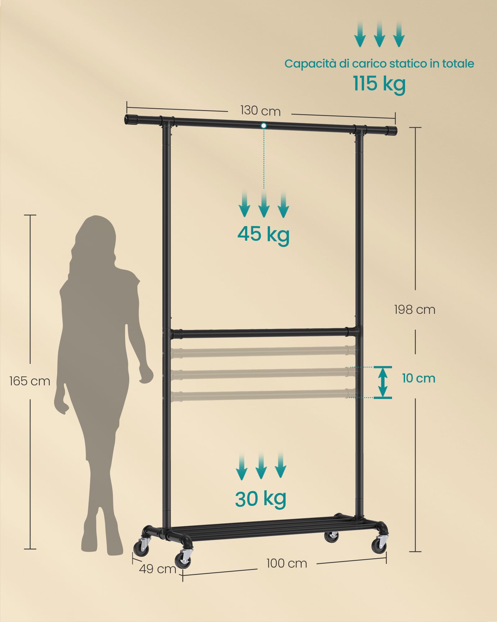 Songmics HSR62BK stender doppio nero con ruote 110 kg