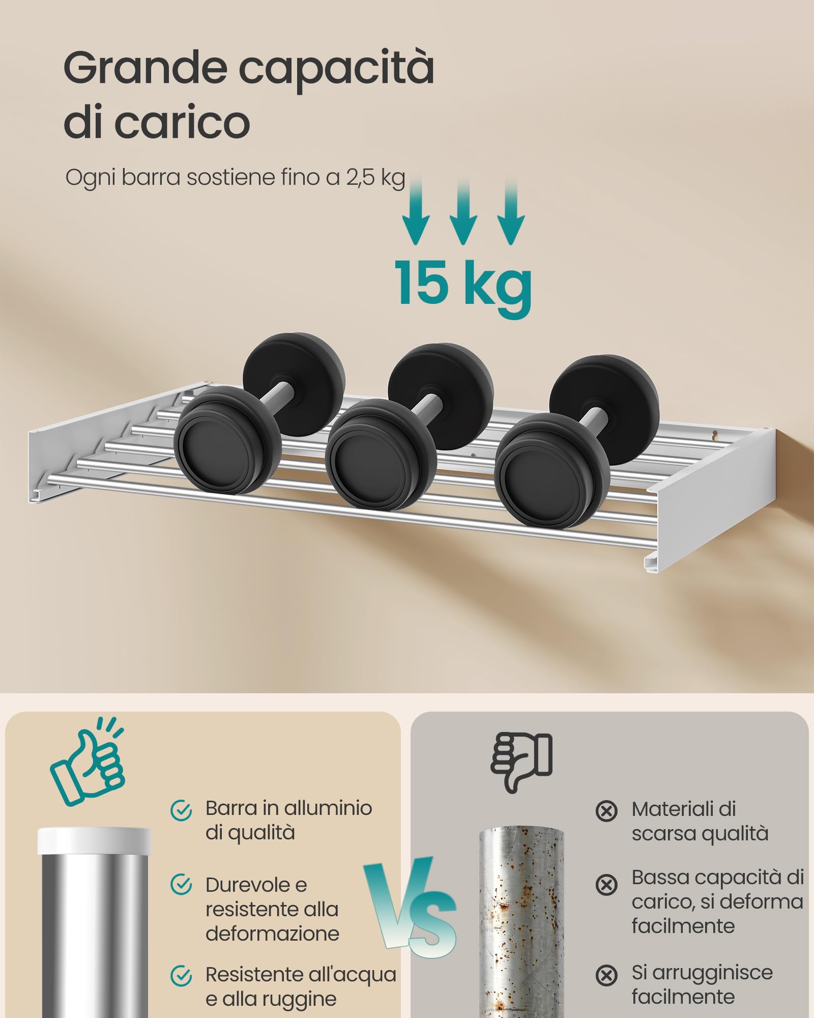 Songmics LLR810WE01 Stendibiancheria Parete 100 cm Bianco 15 kg