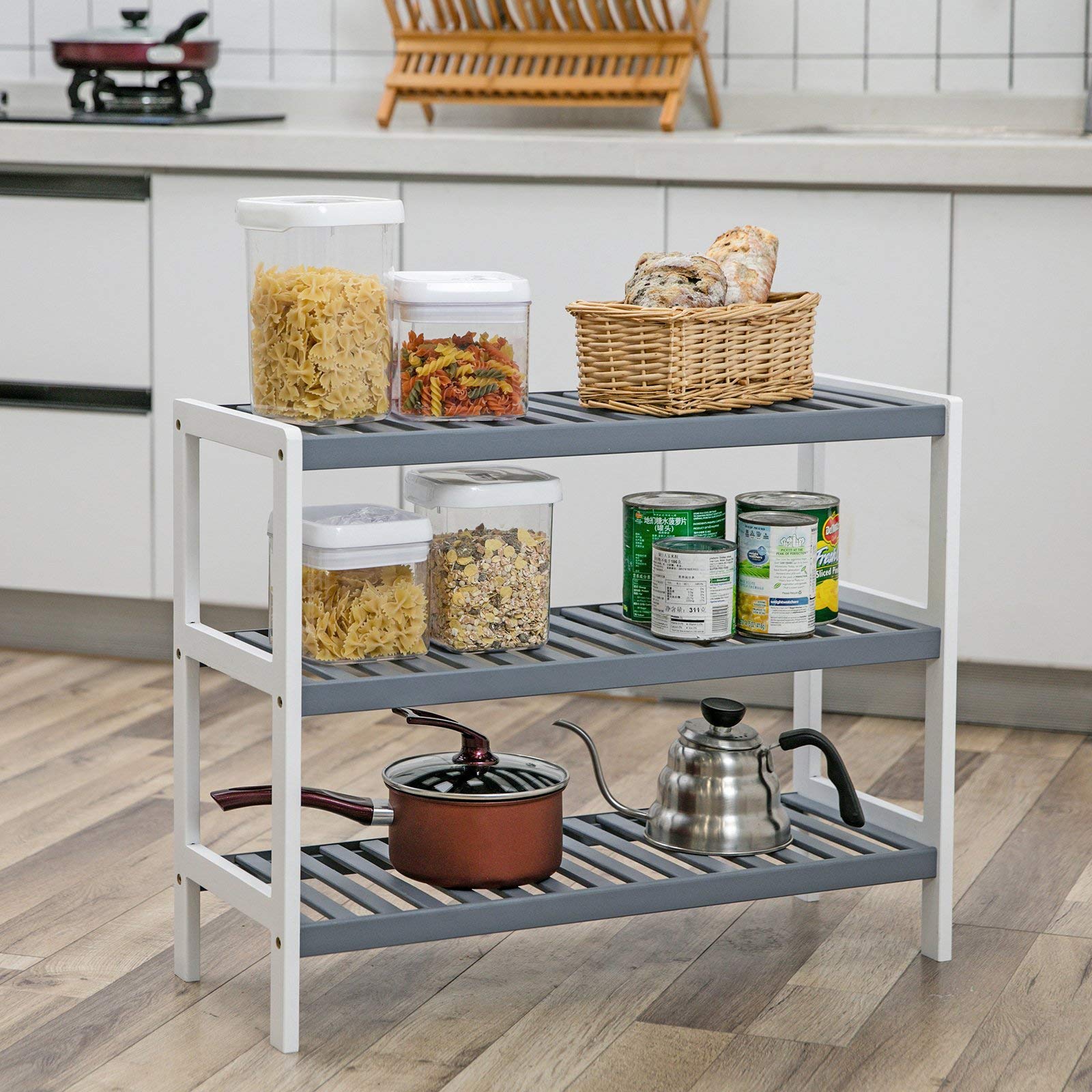 Songmics LBS03WG scarpiera bambù 3 ripiani 70 cm bianco-grigio